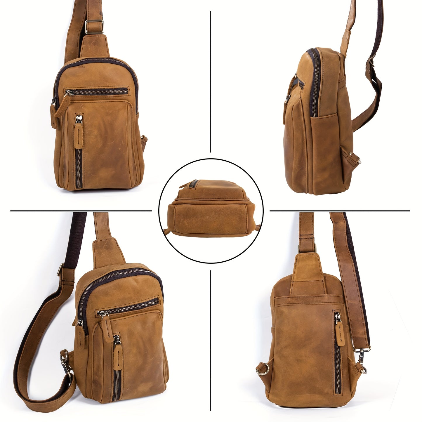 Men's Premium Crazy Horse Leather Sling Bag - Adjustable Crossbody Waist Pack with Multiple Compartments