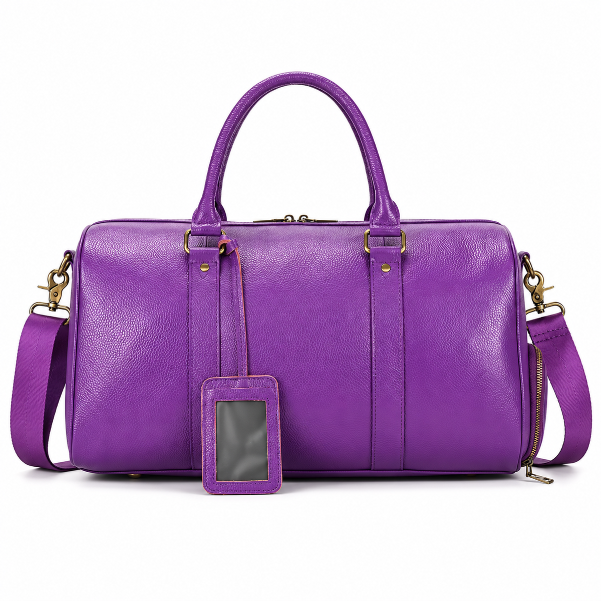 Purple Leather Duffel Bag With Strap