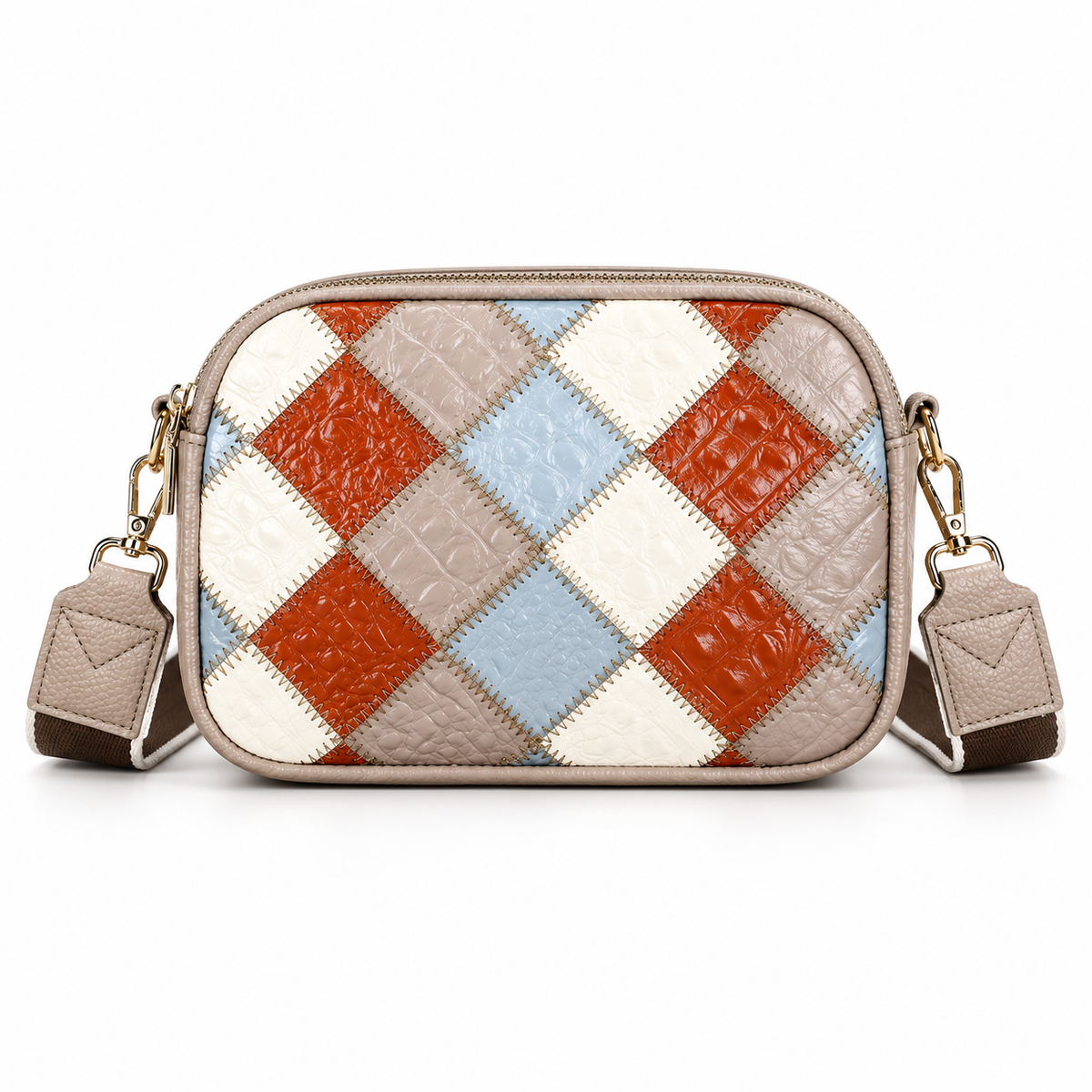 Beige Multicolour Diamond Patchwork Crossbody Bag