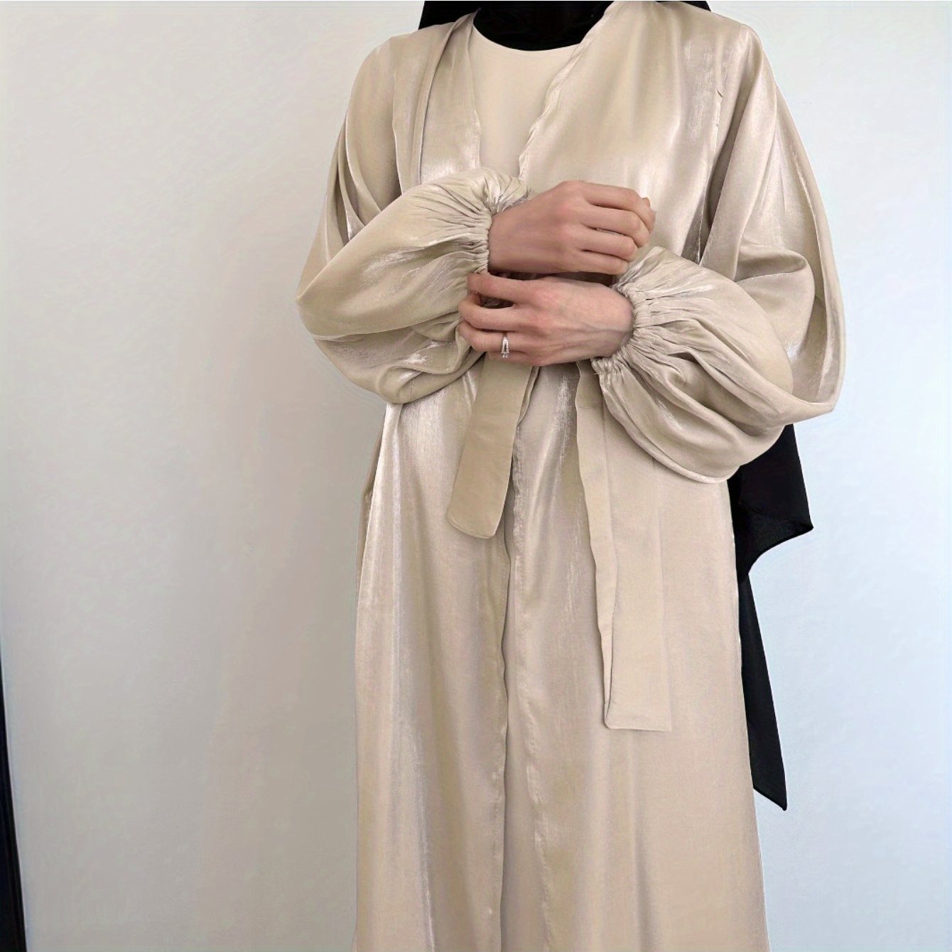 Plus Size, Middle Eastern Modest Muslim Fashionable Bright Silky Satin Solid Color Belt Bat Sleeve Arabic Abaya European and American Large Size Women's Clothing