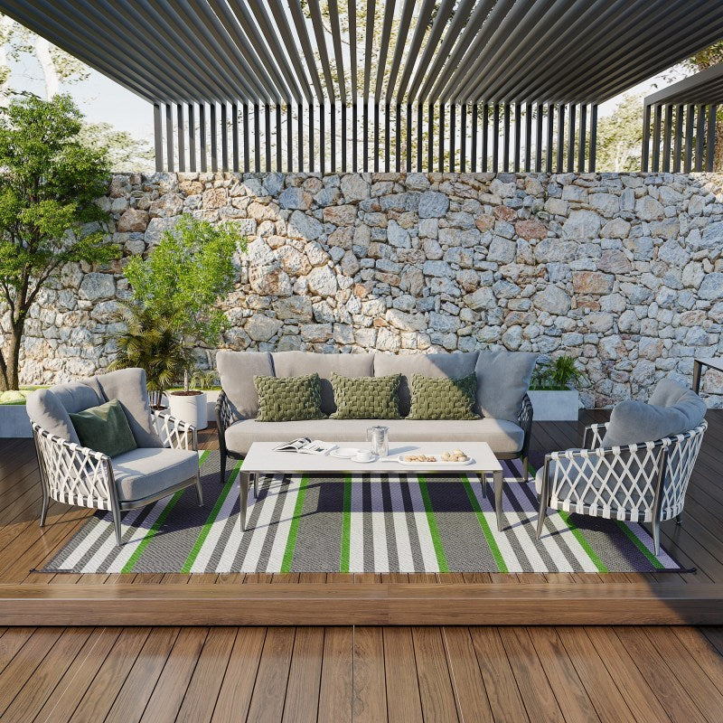9'x12' Reversible Waterproof Outdoor Medium Rug - Durable Plastic Straw Portable RV Camping Mat with Carry Bag, Green & Gray Striped Floor Carpet for Backyard, Deck, Beach
