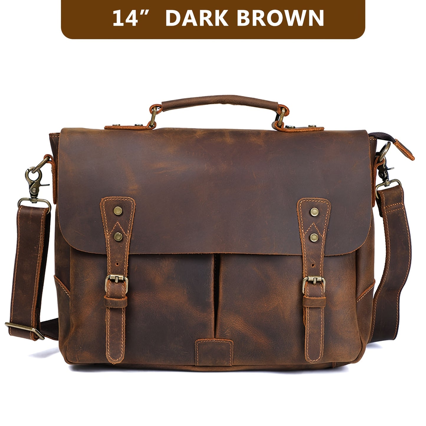 Vintage Brown Cowhide Men's Vintage Genuine Leather Messenger Bag - Adjustable Strap, Multiple Compartments, Zipper Closure, Distressed Finish, Functional Design