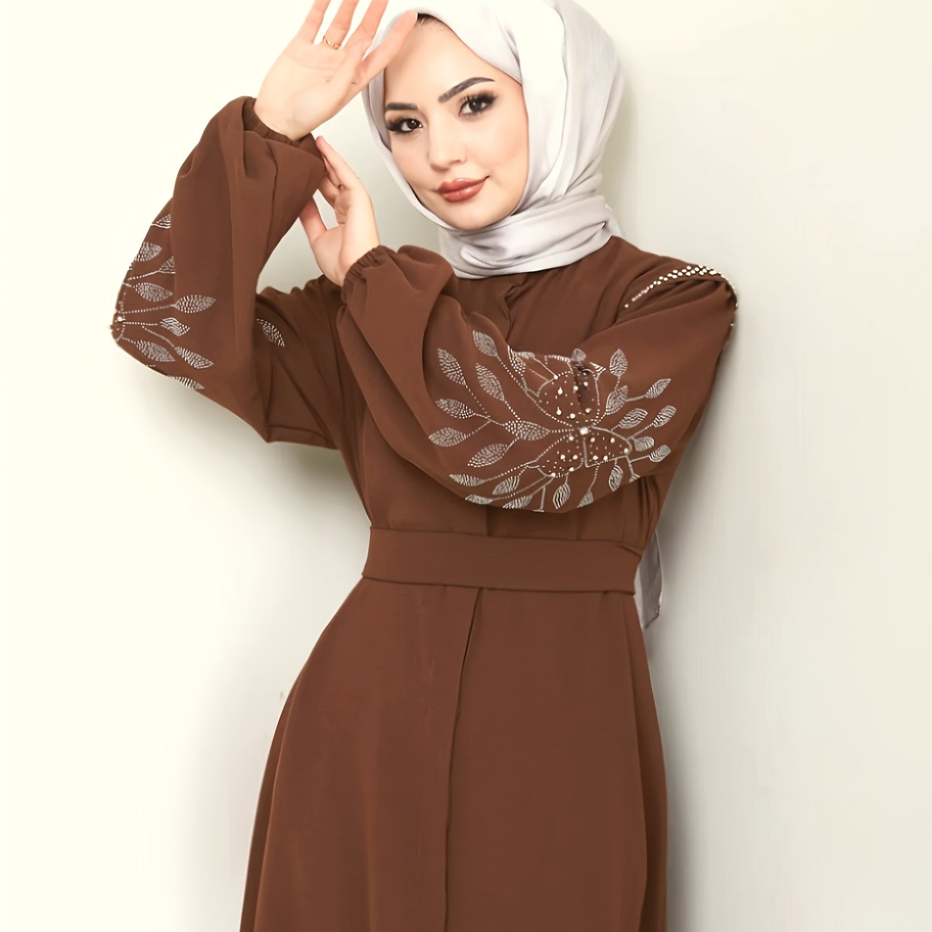 Elegant Middle Eastern-Inspired Rhinestone & Pearl Embellished Long Palestinian Abaya Dress - 100% Polyester Solid Black Floor-Length with Belt, Hand Wash Only for Modest Women