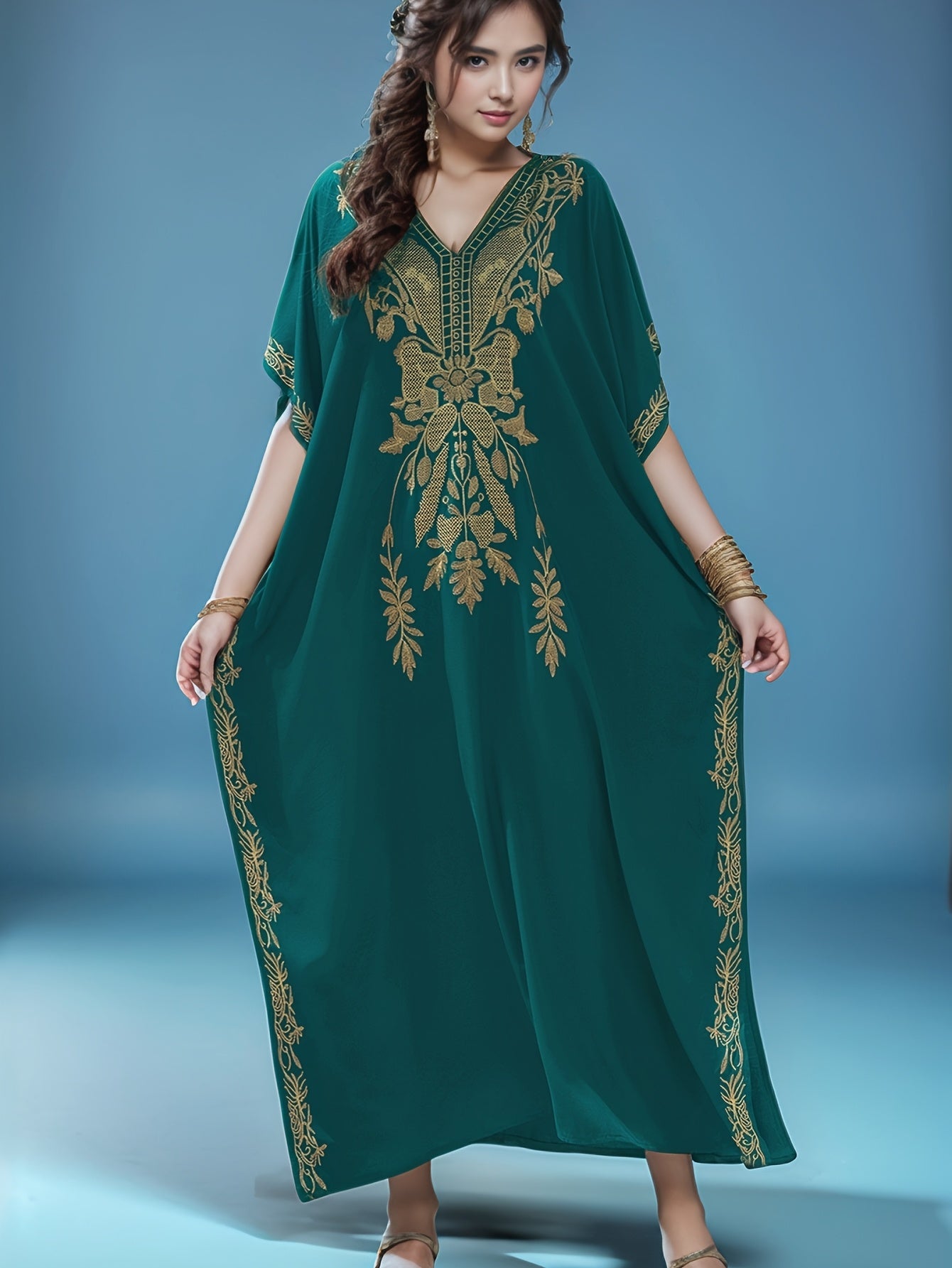 Women's Plus Size V-Neck Golden Embroidered Kaftan Dress - Elegant Side Slit Maxi Gown Women's Plus Size V-Neck Golden Embroidered Kaftan Dress - Elegant Side Slit Maxi Gown