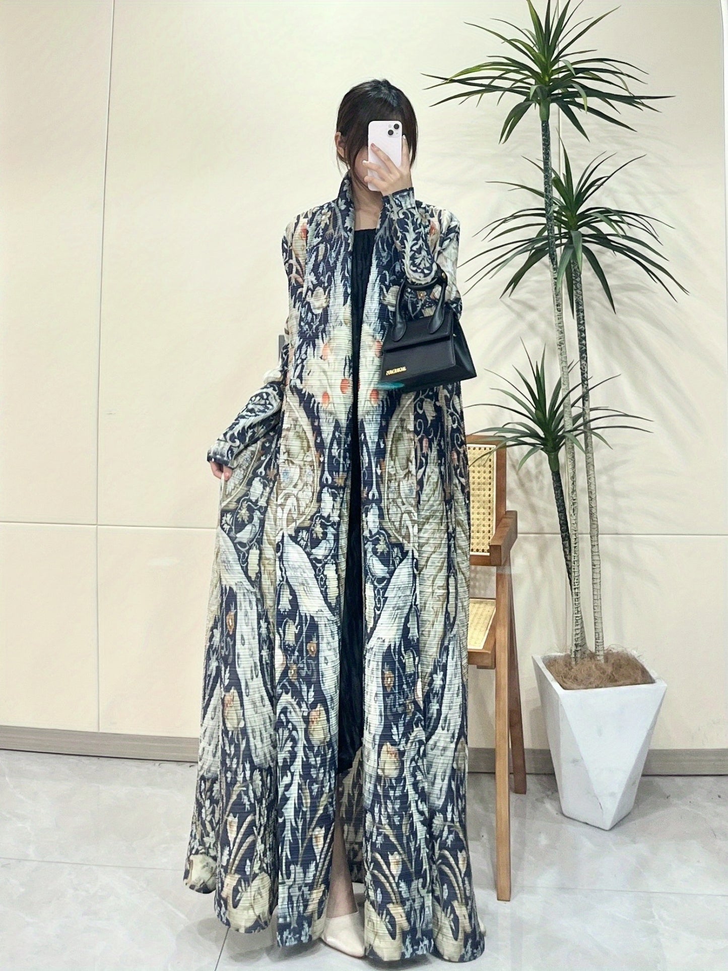 2025 Summer New Miyake-Style Kaftan Abaya, Long Sleeve, High-Elasticity Polyester Dress with Geometric Print, Belted Waist Design - Versatile for Daily Commute & Formal Occasions