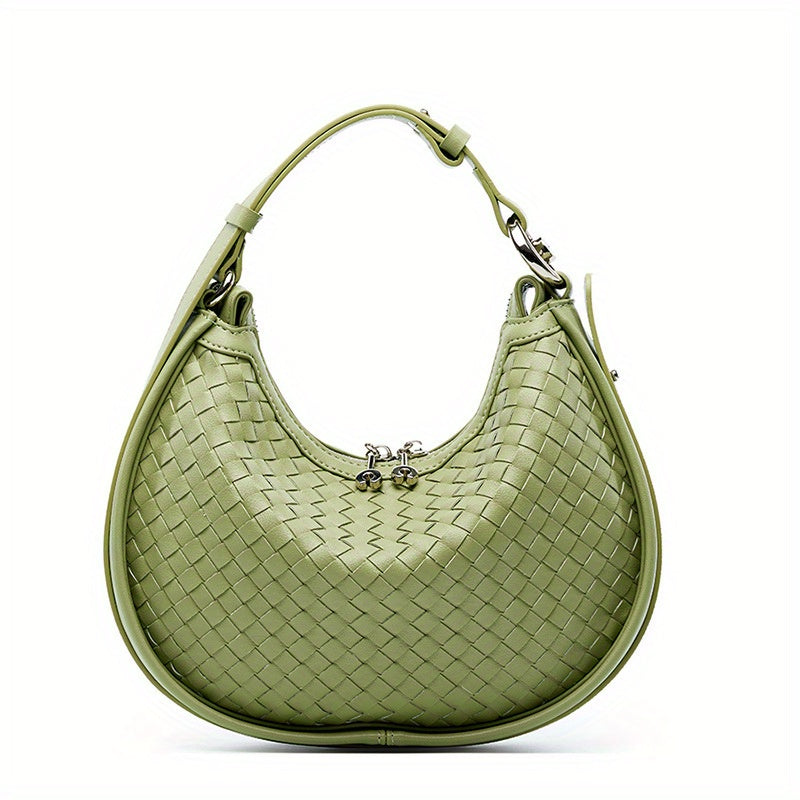 2025 New Niche Cowhide Woven Handbag for Women - Adjustable Crossbody Shoulder Bag with Zipper Closure, Vibrant Green Woven Texture