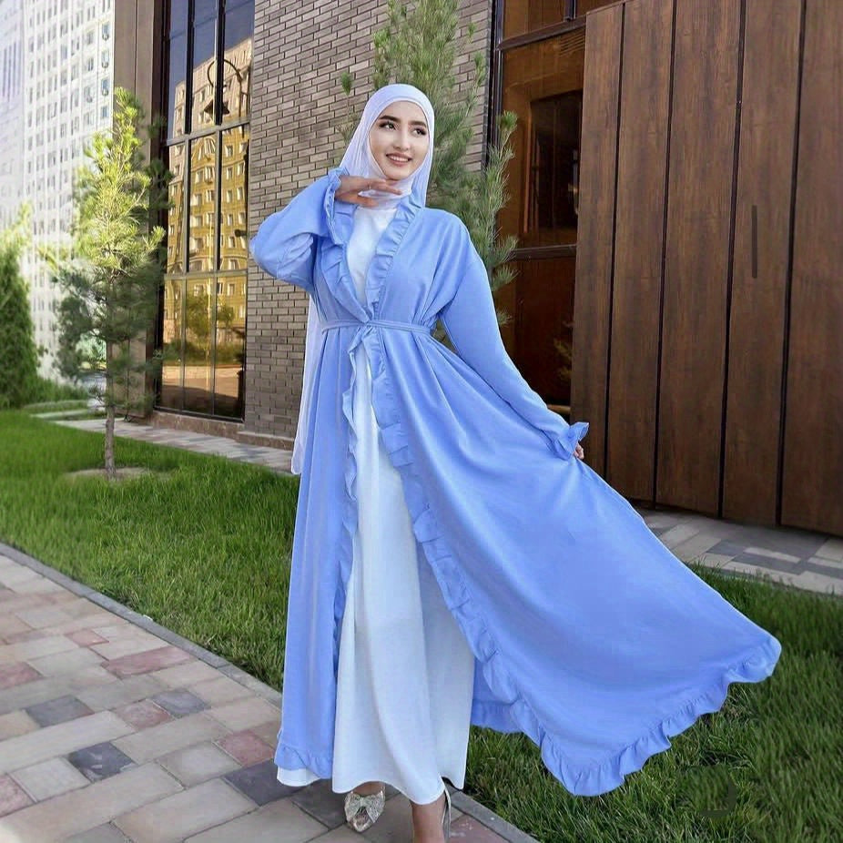Women's Elegant Arabic Abaya Robe - Lightweight Breathable Loose Fit Long Sleeve Arabic Dress with Belt, Solid Color Machine Washable All-Season Casual & Formal Wear