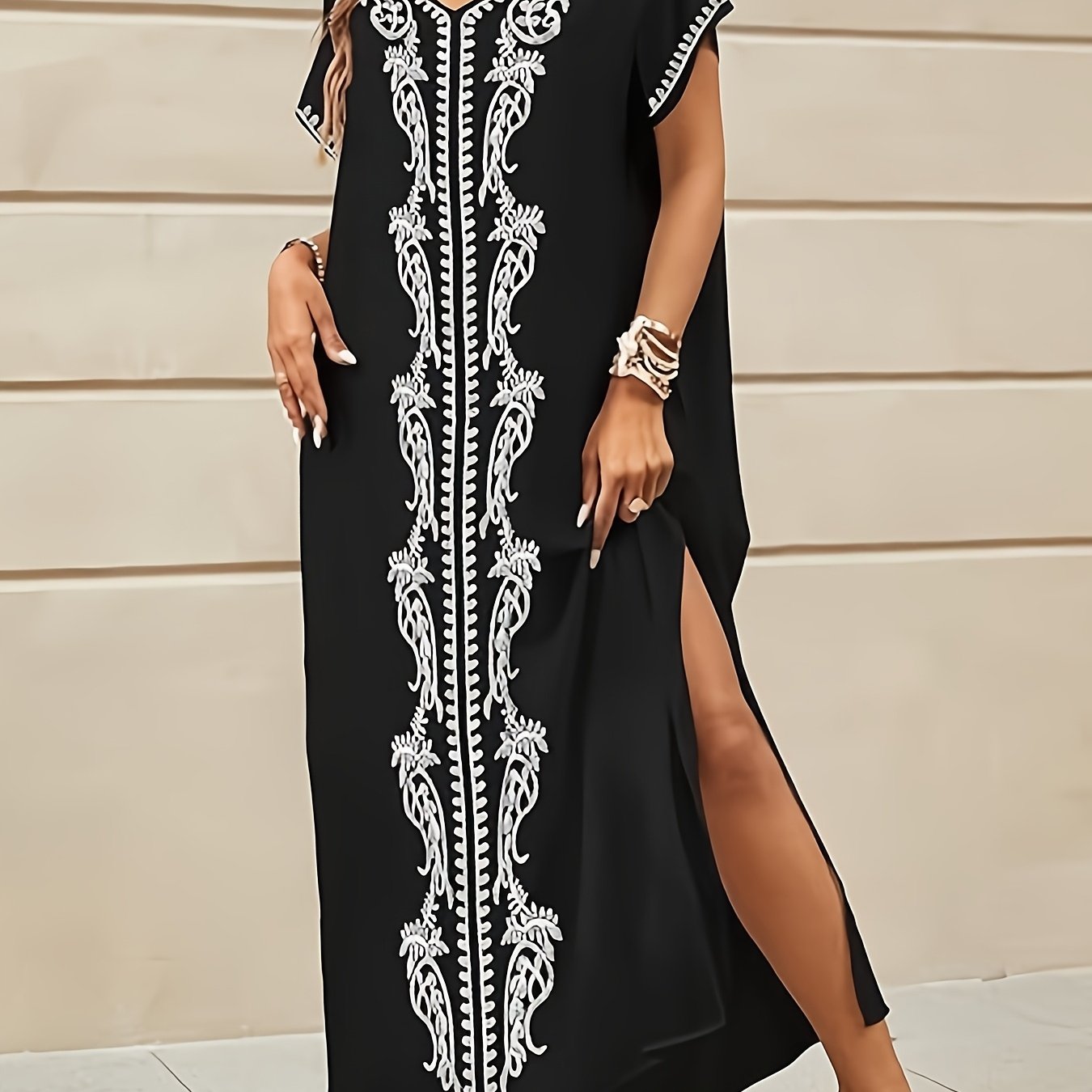 Embroidery Long Kaftans for Women Bathing Suit Cover Up V Neck Kaftan Loungewear Maxi Dresses Black