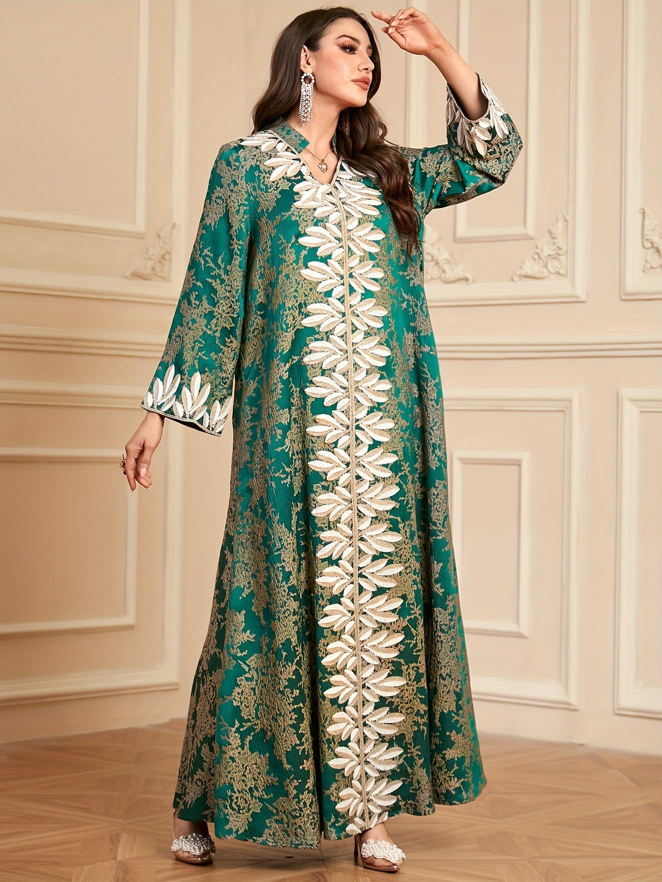 Elegant Green Floral Embroidered Long Sleeve Maxi Kaftan Abaya Dress - Polyester, Machine Washable, Non-Stretch Fabric for All Seasons
