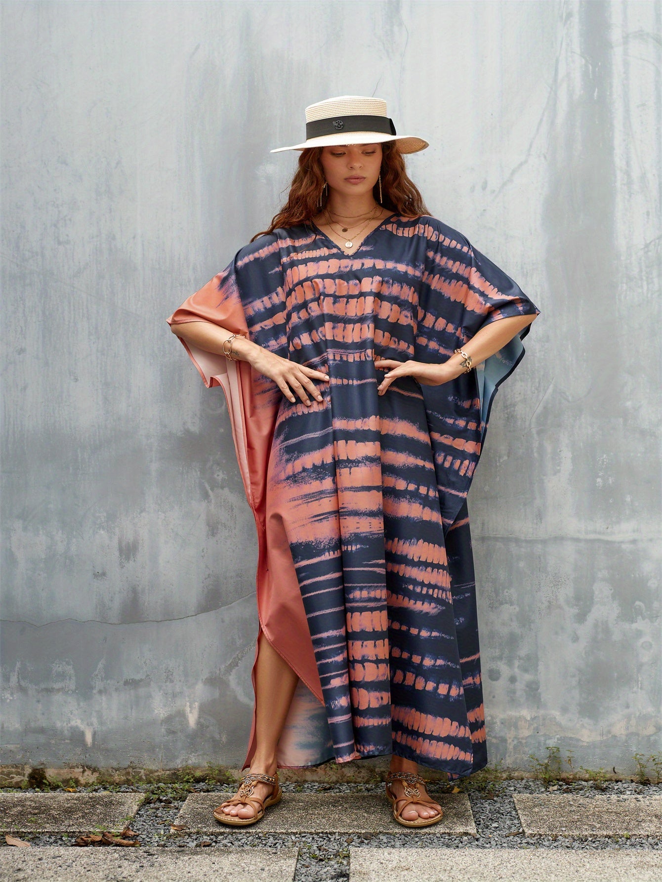 Stylish Plus Size Beach Kaftan Cover-Up with V-Neck & Side Slit - Lightweight Summer Dress in Vibrant Tie-Dye Pattern, Long Sleeves, Hand Washable, Perfect for Beach or Casual Outings, Relaxed Fit Clothing | V-neck Kaftan