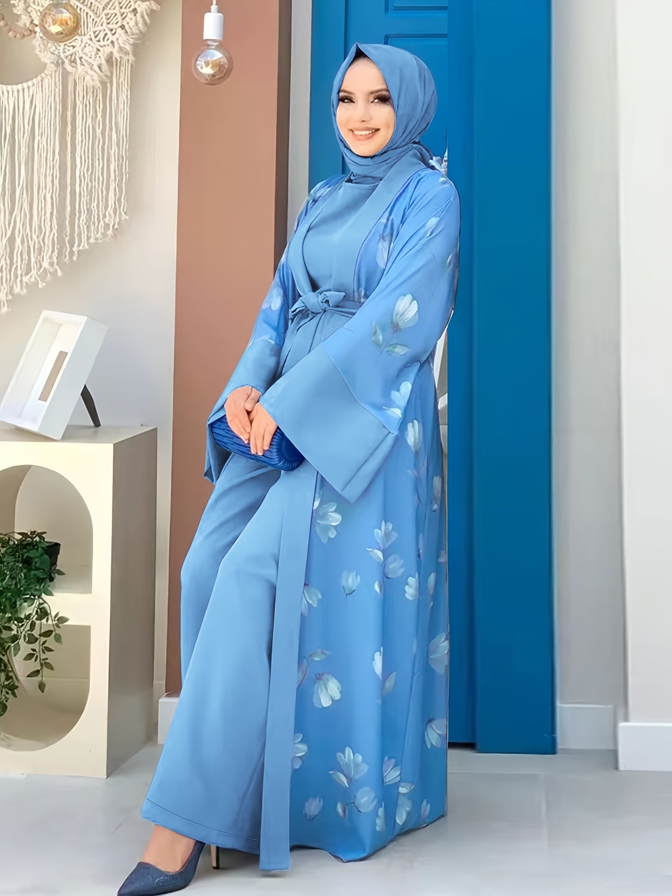Middle Eastern Muslim Print Jumpsuit Two-Piece Set for Women Without Headscarf | Pakistani Abaya