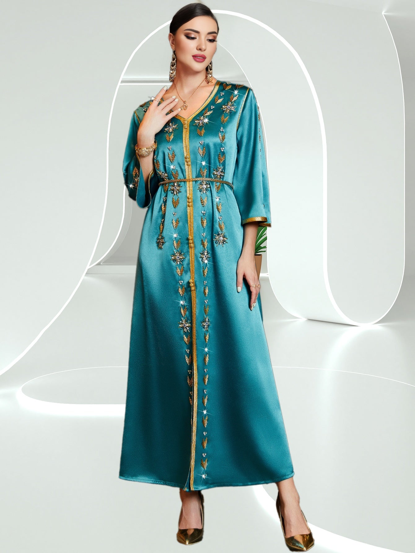 Elegant Rhinestone Embellished Polyester Abaya Dress, Solid Color, Woven Fabric, All-Season Long Robe with for Women, Middle Eastern Muslim Fashion Banquet Traditional Wear