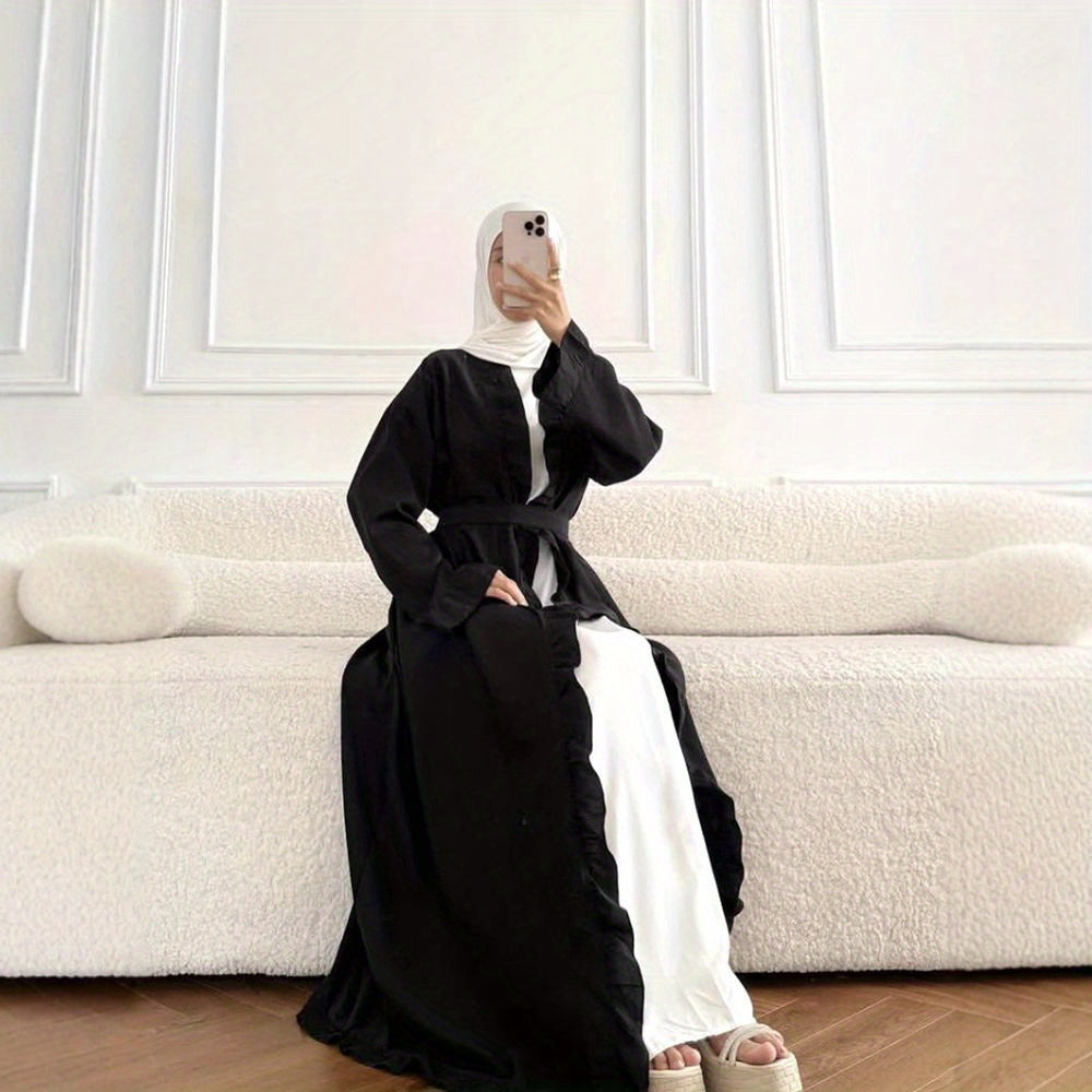 Women's Elegant Arabic Abaya Robe - Lightweight Breathable Loose Fit Long Sleeve Arabic Dress with Belt, Solid Color Machine Washable All-Season Casual & Formal Wear