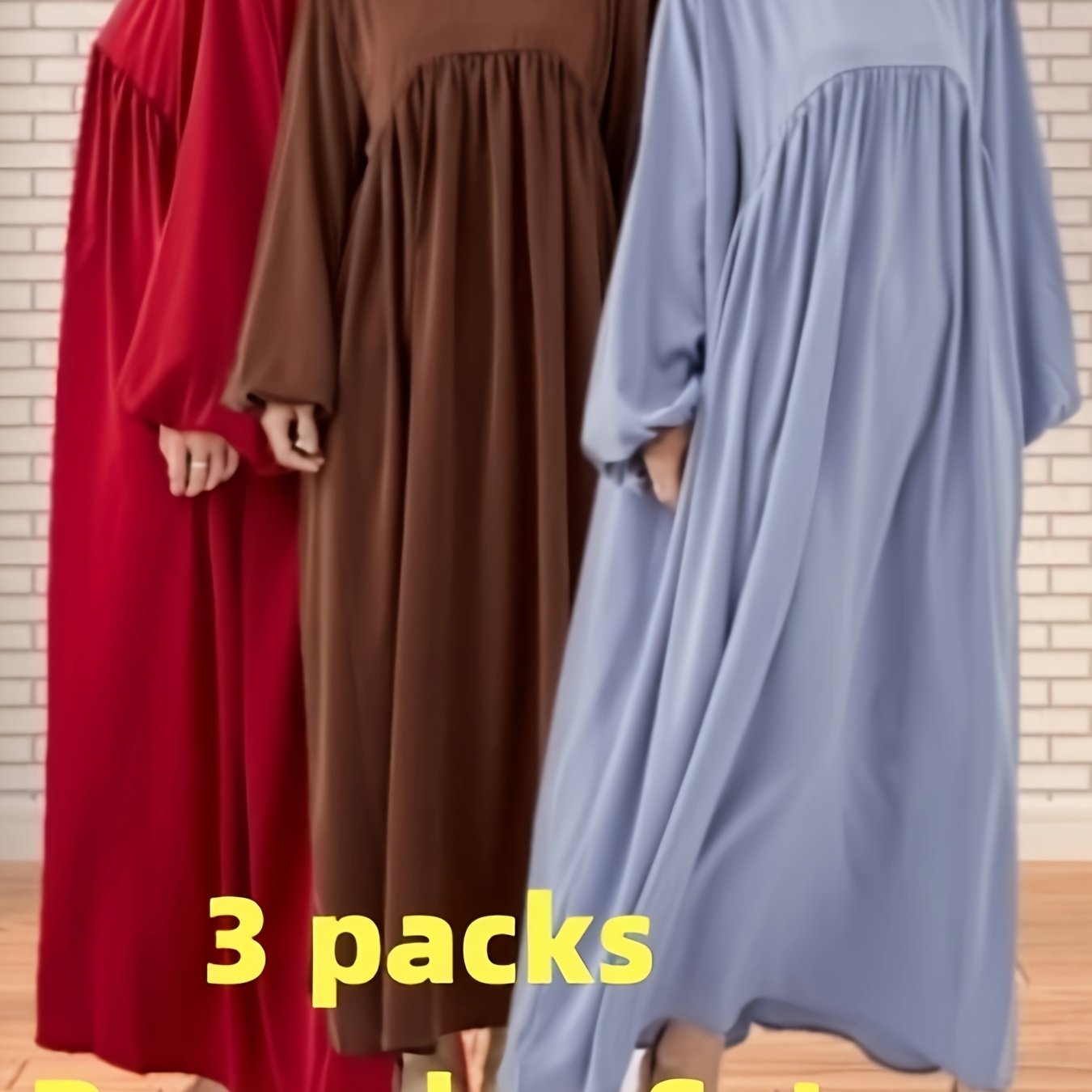 Ramadan Three-Pack Muslim Abaya Dress with Packaging, Soft and Comfortable, Flowing Wide Skirt, Extra Large Sleeves and Cuffs, Elastic