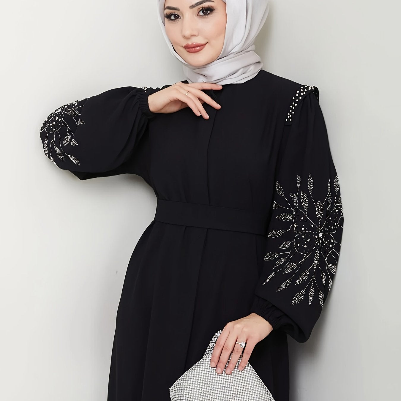 Elegant Middle Eastern-Inspired Rhinestone & Pearl Embellished Long Palestinian Abaya Dress - 100% Polyester Solid Black Floor-Length with Belt, Hand Wash Only for Modest Women