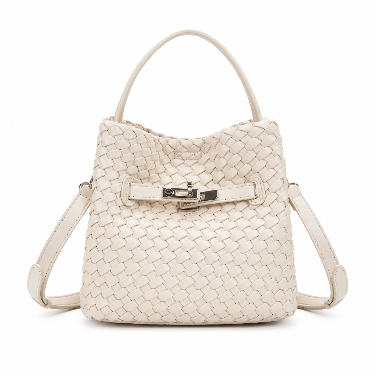 Elegant Ivory Woven Bucket Shoulder Bag