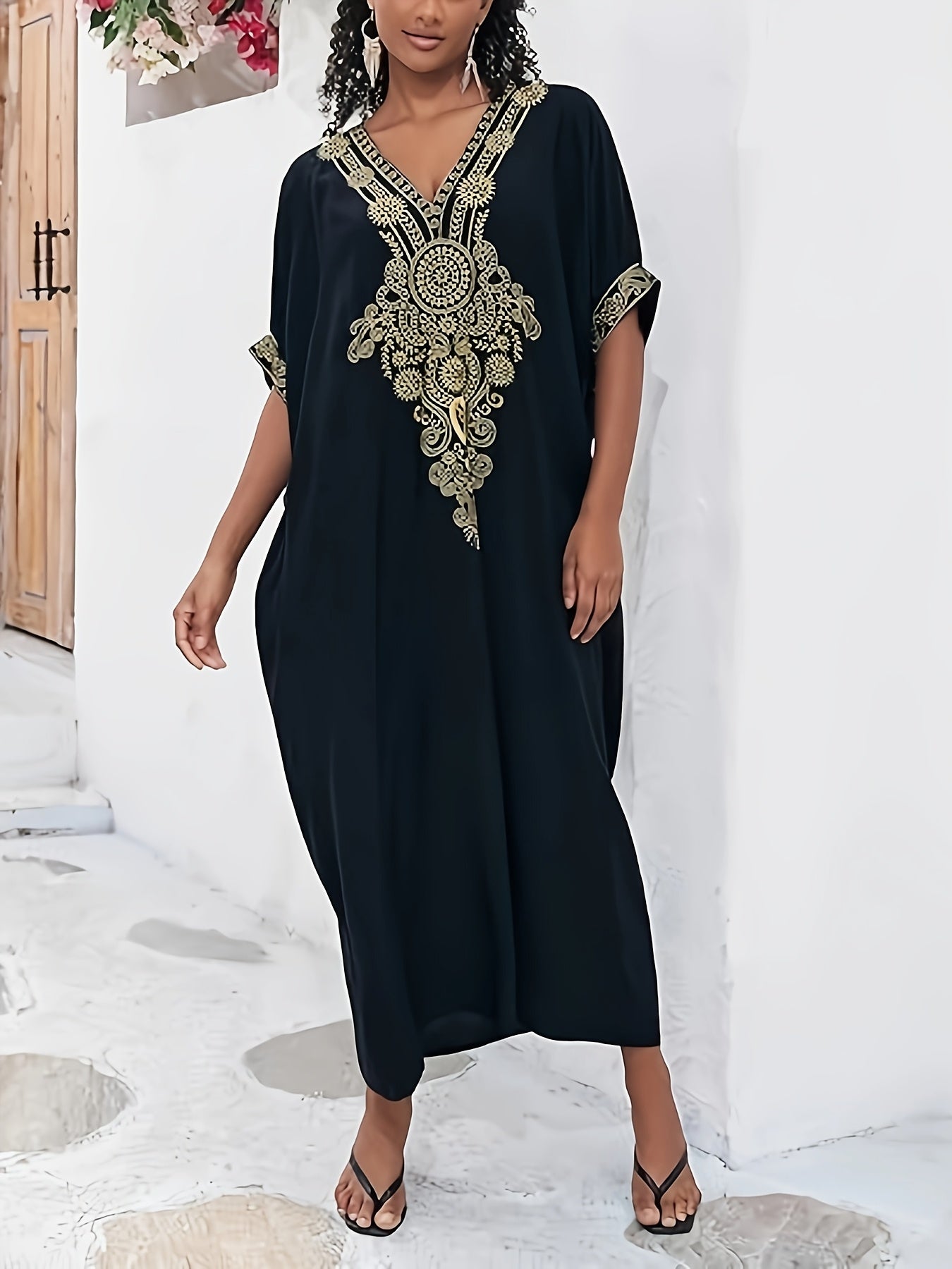 Elegant Black and Golden Kaftan Dress for Women - V-Neck, Loose Fit, Mid-Length Beach Cover-Up