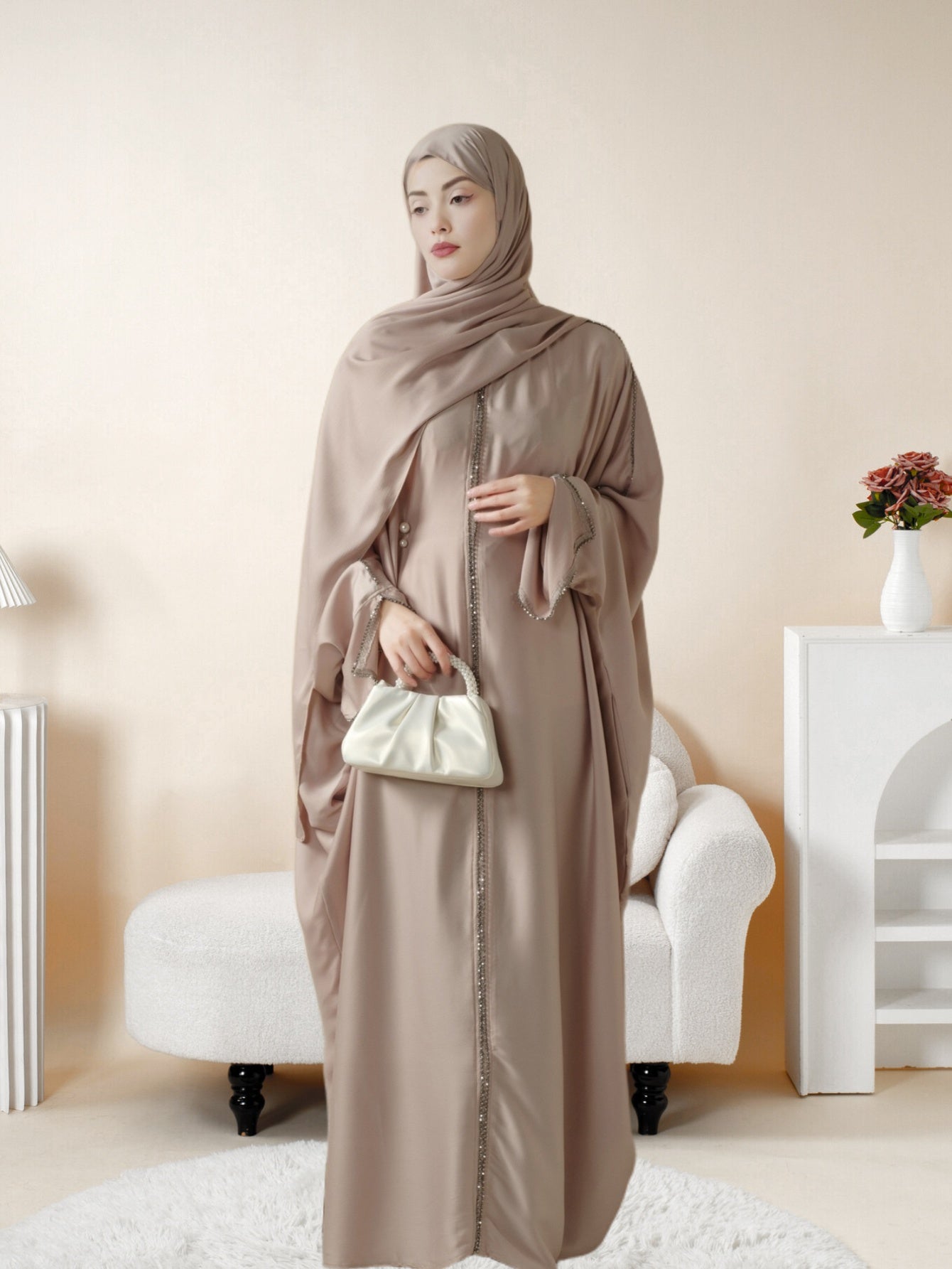 Batwing Emirati Abaya with Matching Hijab | Batwing Sleeve Abaya – Elegant Middle Eastern Arab, Islamic Style Shawl Robe Dress for Women, Long Skirt, Ramadan Prayer Outfit