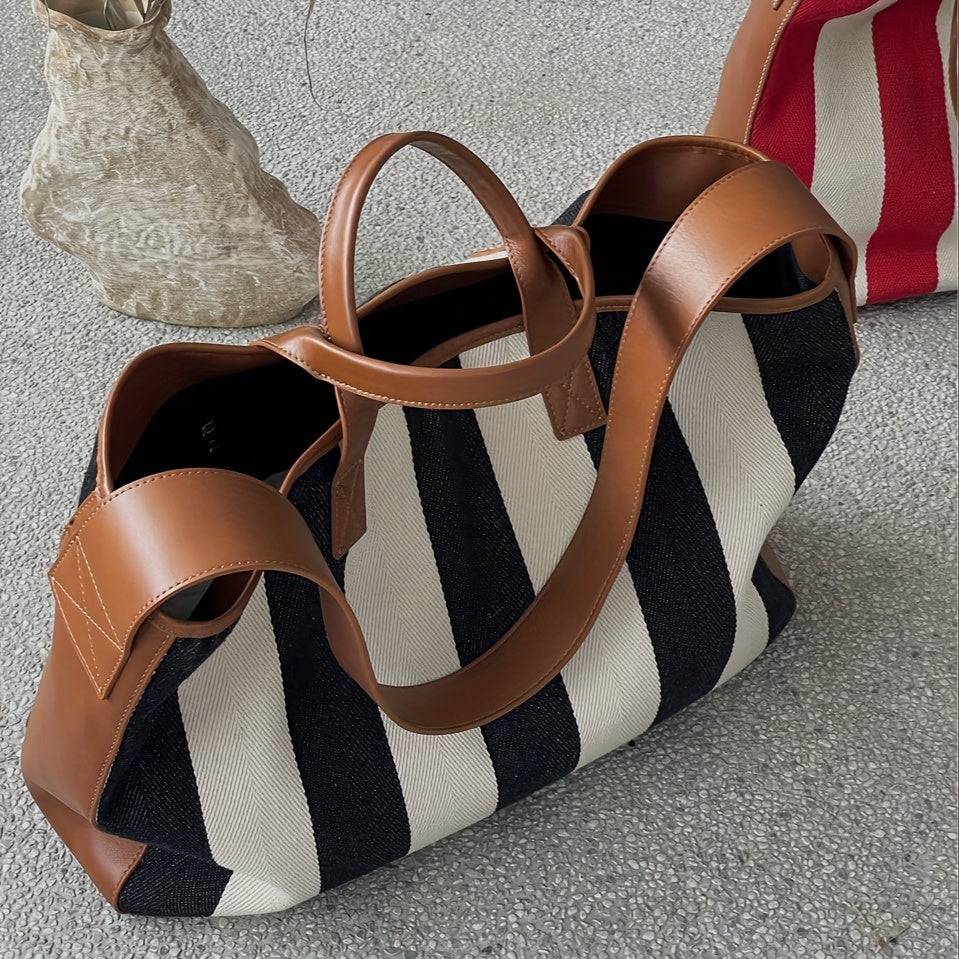Genuine Leather & Large Capacity Striped Tote Bag for Women - 15-inch Laptop Compartment, Magnetic Closure