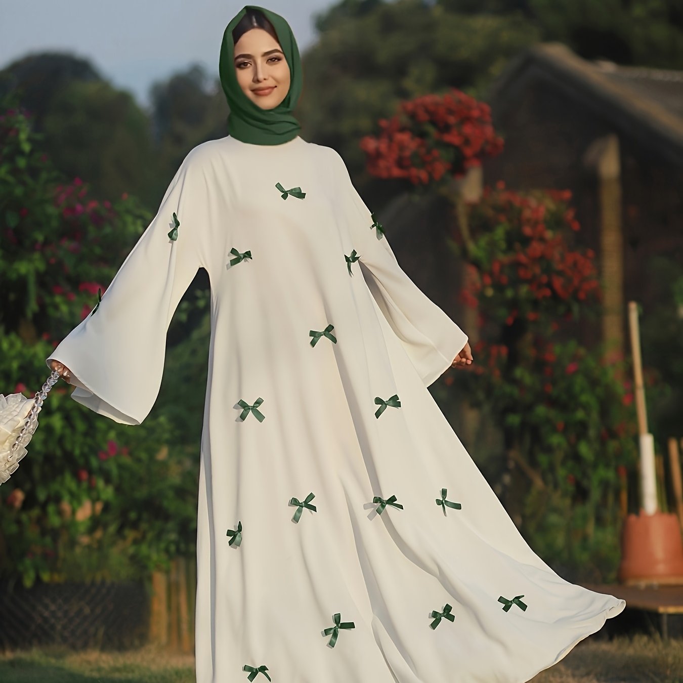 Butterfly Bow Abayas Elegant Long Robe Set, Including Dress and Headscarf