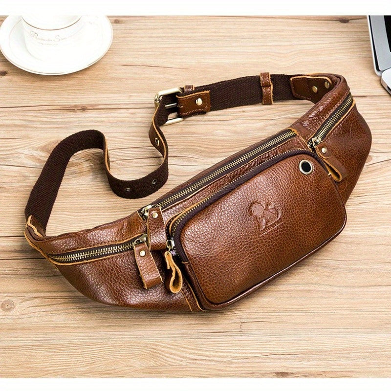 Real Leather Men's Messenger Sling Bag, Cowhide Chest Bag, Sporty And Casual Style, Top layer Cowhide Cash Bag, Trendy Men's Waist Bag