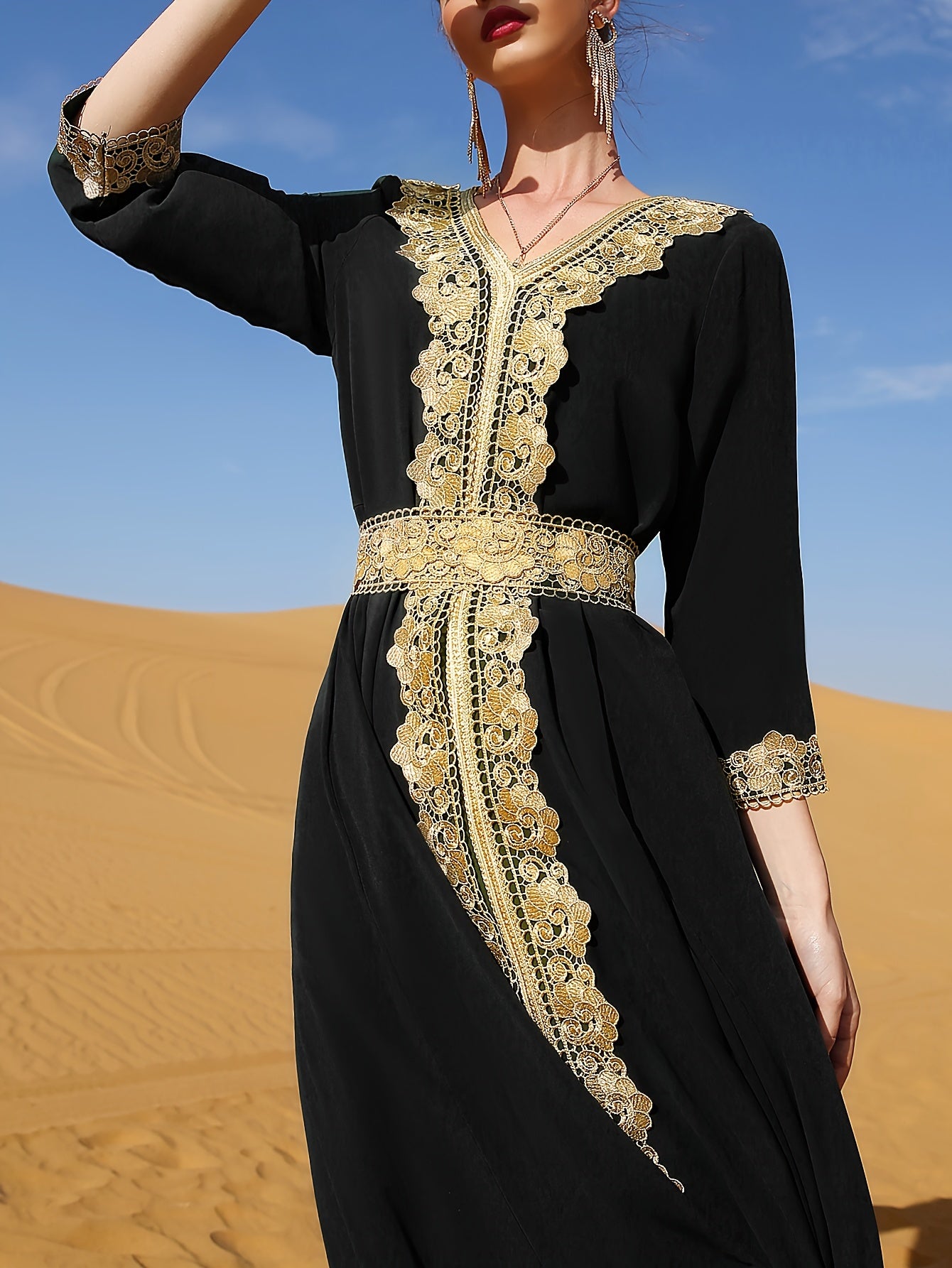 Elegant Golden Contrast Lace Detail Maxi Palestinian Abaya - V-Neck, Long Sleeve, Polyester, Formal or Evening Wear for Women, Formal Occasion Attire | Lace Detailing | Polyester Fabric