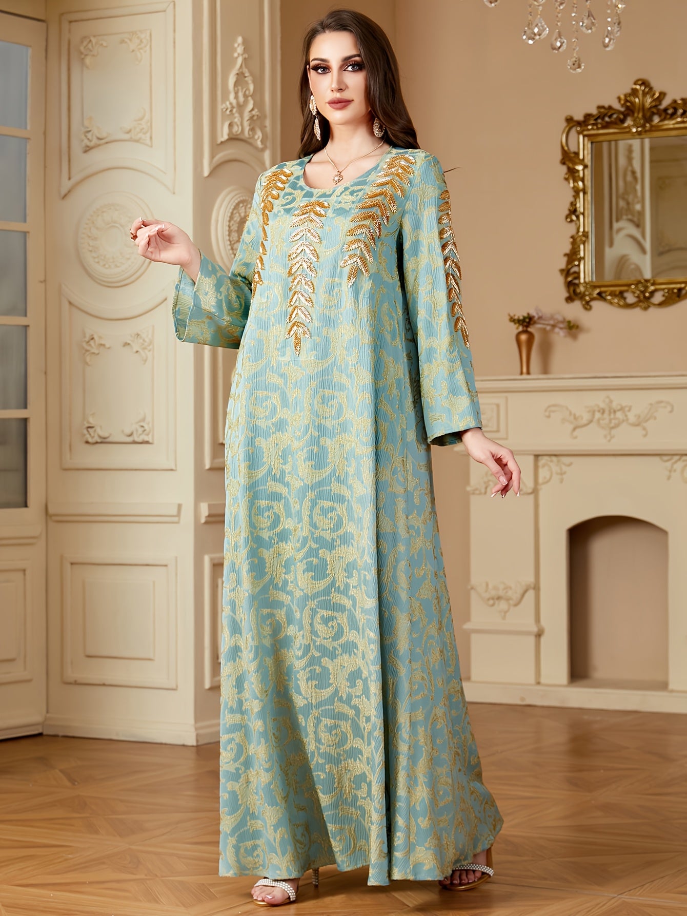 Women's Elegant Middle Eastern-Inspired A-Line Baju Abaya with Floral Appliqué & Beaded Embellishments - Long Sleeve Floor-Length Loose Fit Machine Washable All-Season Casual to Formal Wear