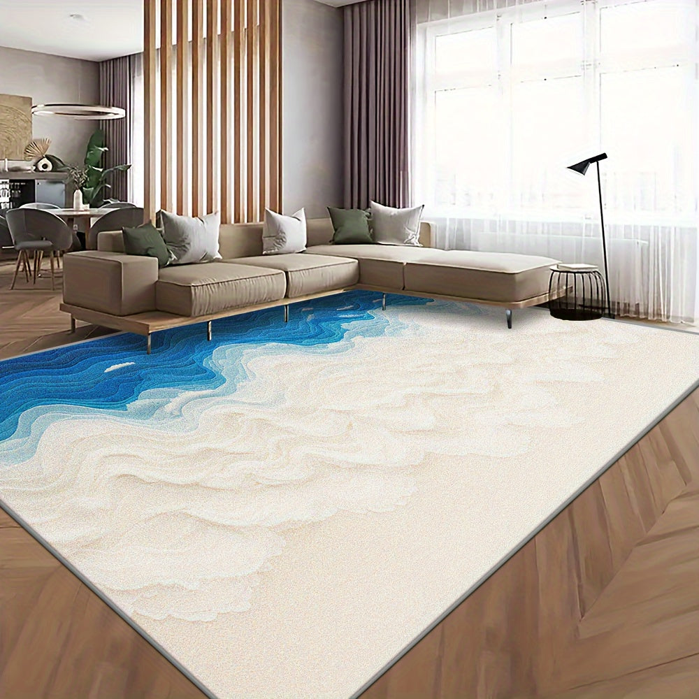 This Is a Large Floor Mat Designed with a Beautiful Seawater Beach Pattern, Featuring a Easy Style And Exquisite Hemming. It Is Made of Faux Cashmere with a Weight of 1200G Per Square Meter And a Thickness of 8.6Mm. The Rug I