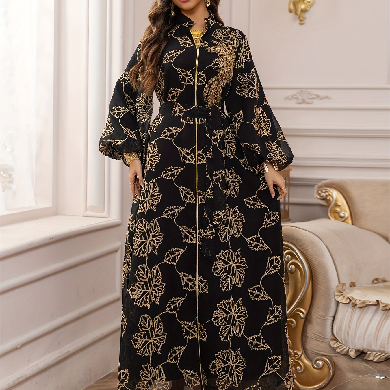 Dubai Floral Embroidery Belted Dress Belt included Lantern Sleeve Maxi Abaya Luxury Woman Evening Dresses Modern Kaftan 2025