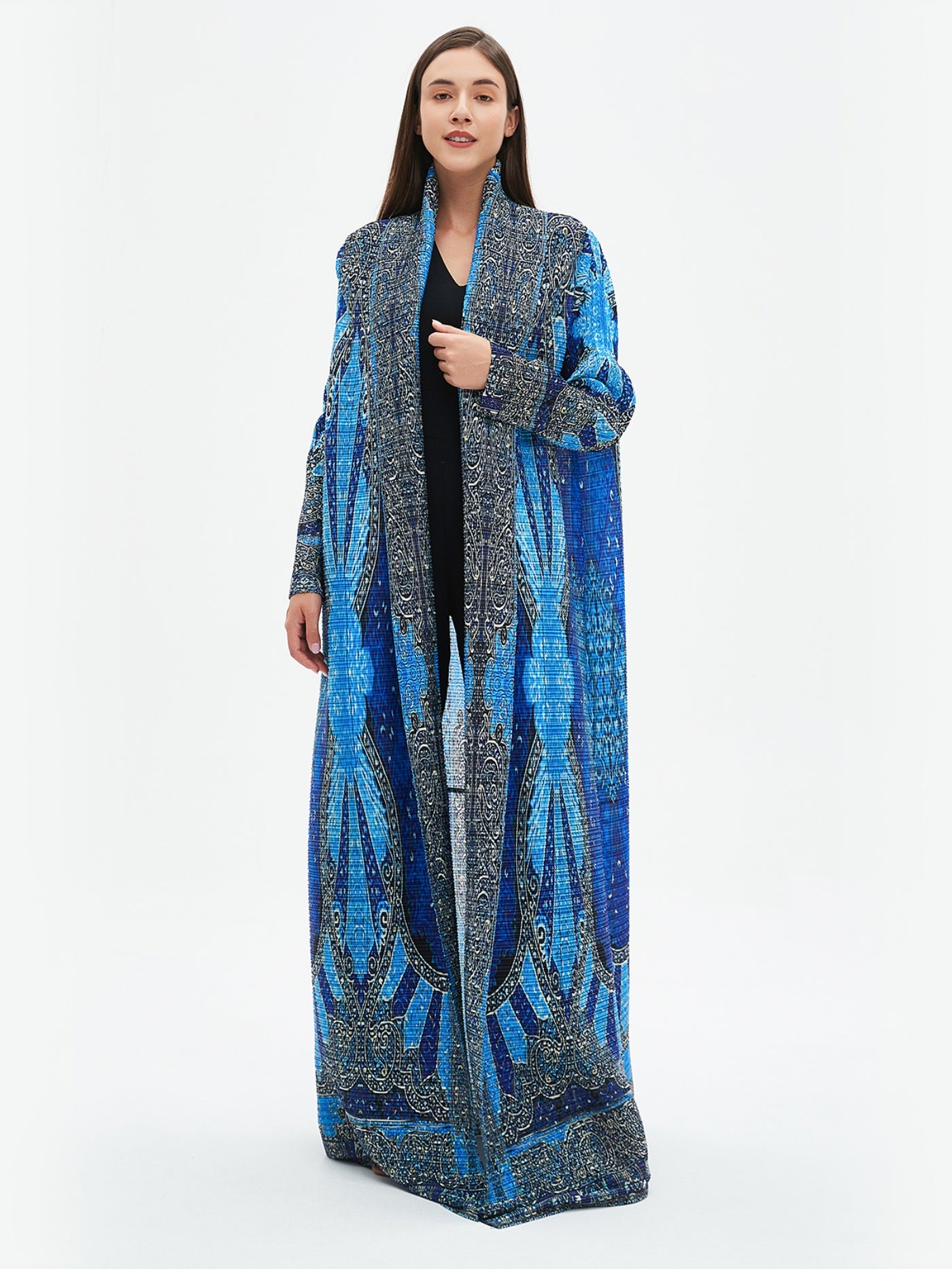 2025 Summer New Miyake-Style Kaftan Abaya, Long Sleeve, High-Elasticity Polyester Dress with Geometric Print, Belted Waist Design - Versatile for Daily Commute & Formal Occasions