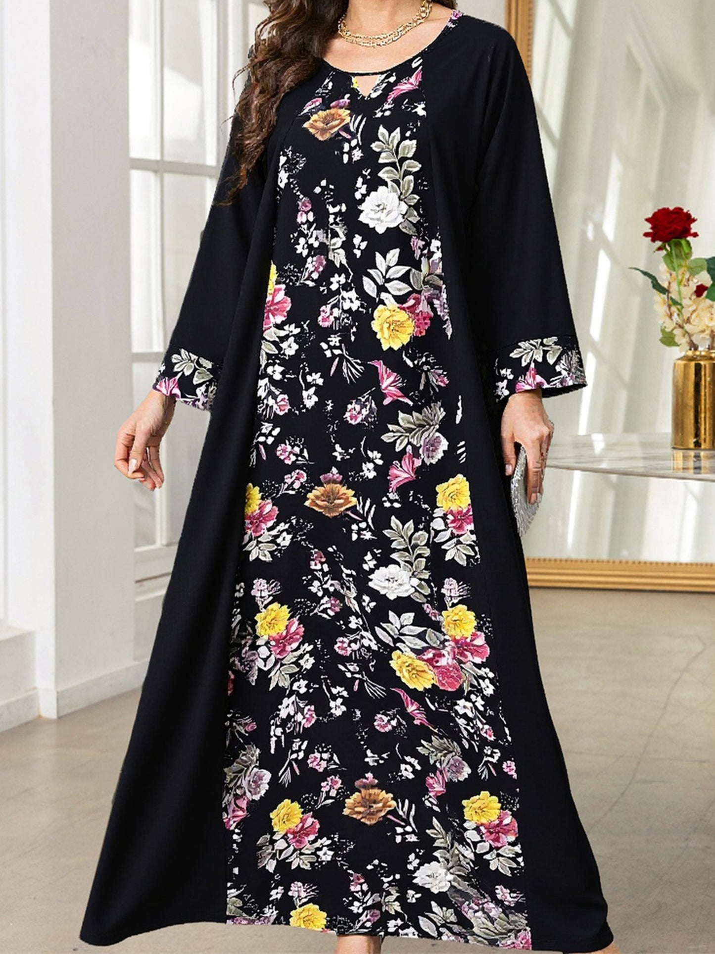 Women's Arabic Abaya Dress Patchwork Floral Print Kaftan Robe Long Sleeve Round Neck Loose Flowy Dress
