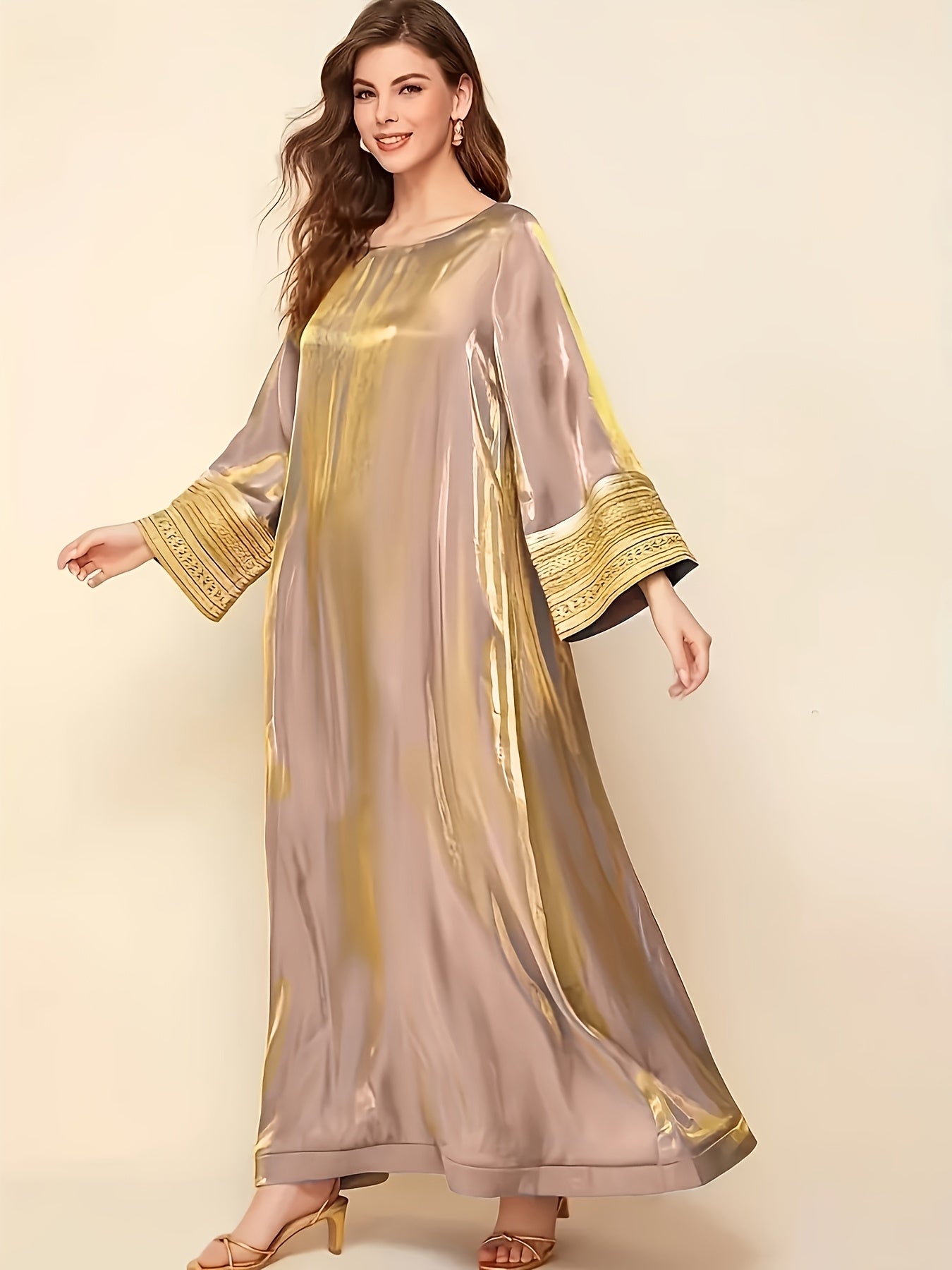 Elegant Long-Sleeve Baju Abaya | Golden Lace Accents, Reflective, Loose Fit, Round Neck, Perfect for Spring/Fall, Women's Fashion, Fall Fashion
