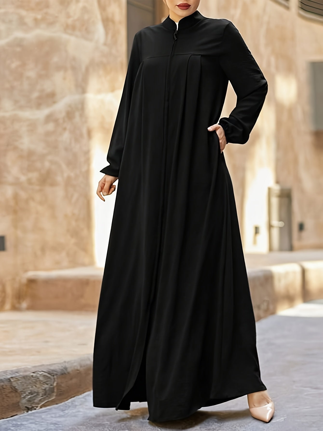 Elegant Black Long Sleeve Palestinian Abaya Dress with Zipper Pockets - Casual Loose Fit, Collared Neckline, Traditional Middle Eastern Style, Comfortable Women'S Dress|Casual Elegance|Pocketed Dress