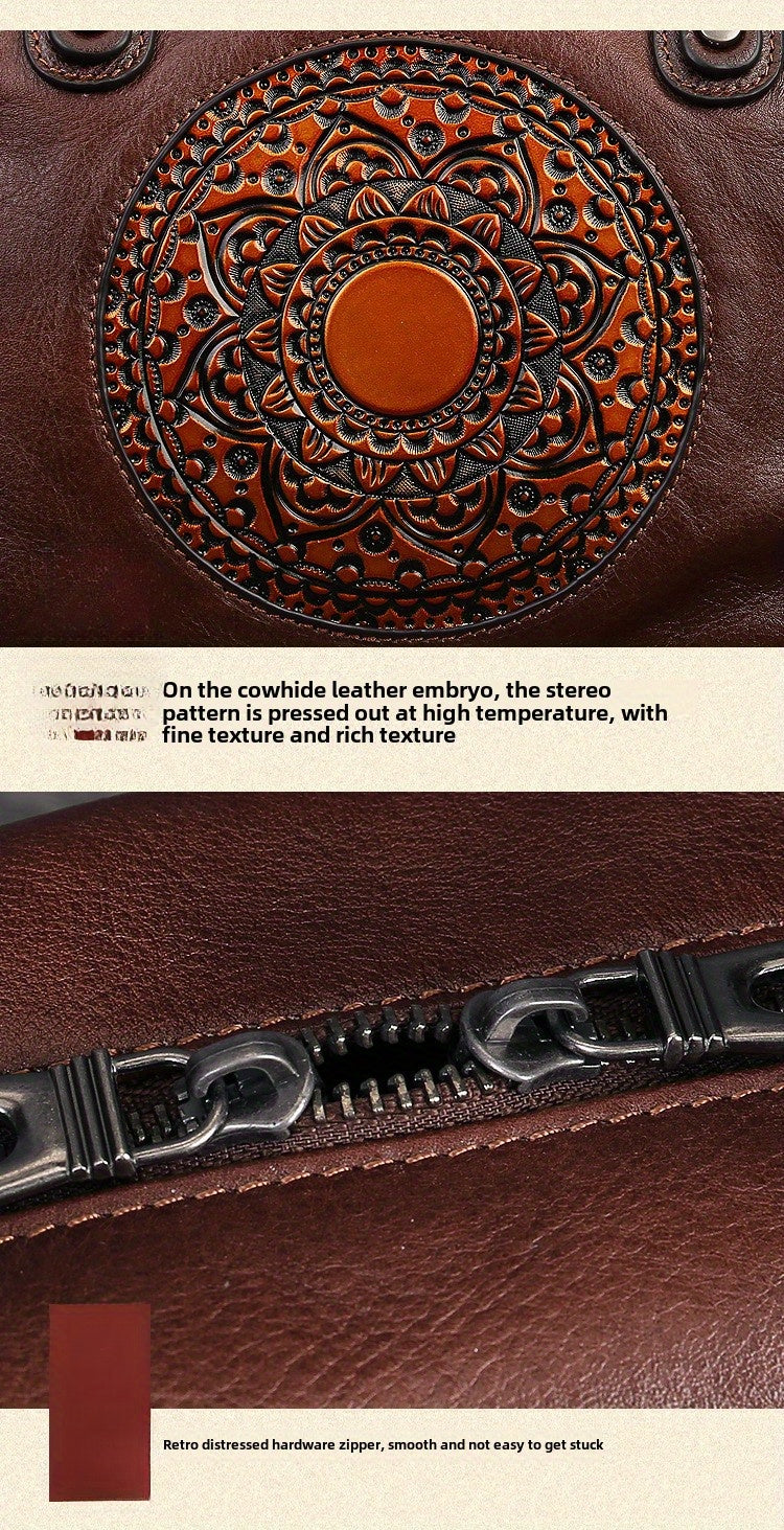 Women's Genuine Leather Satchel Business Handbag - Light Brown Geometric Retro Totem Design, Large Capacity Convertible Shoulder/Handbag with Adjustable Strap