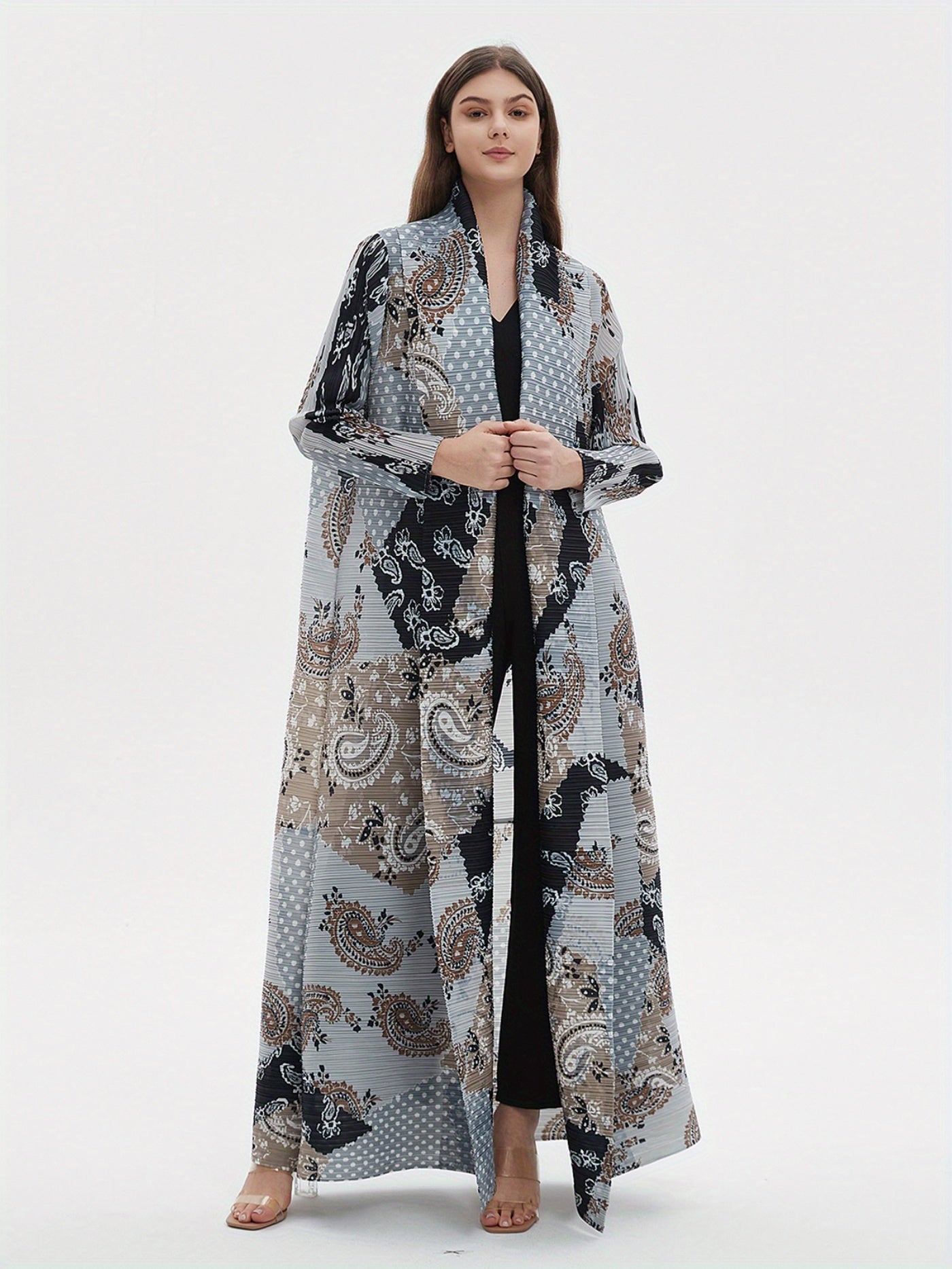 Elegant Abaya Kaftan Dress for Women - Spring/Summer Collection, Adjustable Tie-Waist, Geometric Print, High-Elasticity, Wrinkle-Resistant Blend, Perfect for Eid al-Fitr and All Season