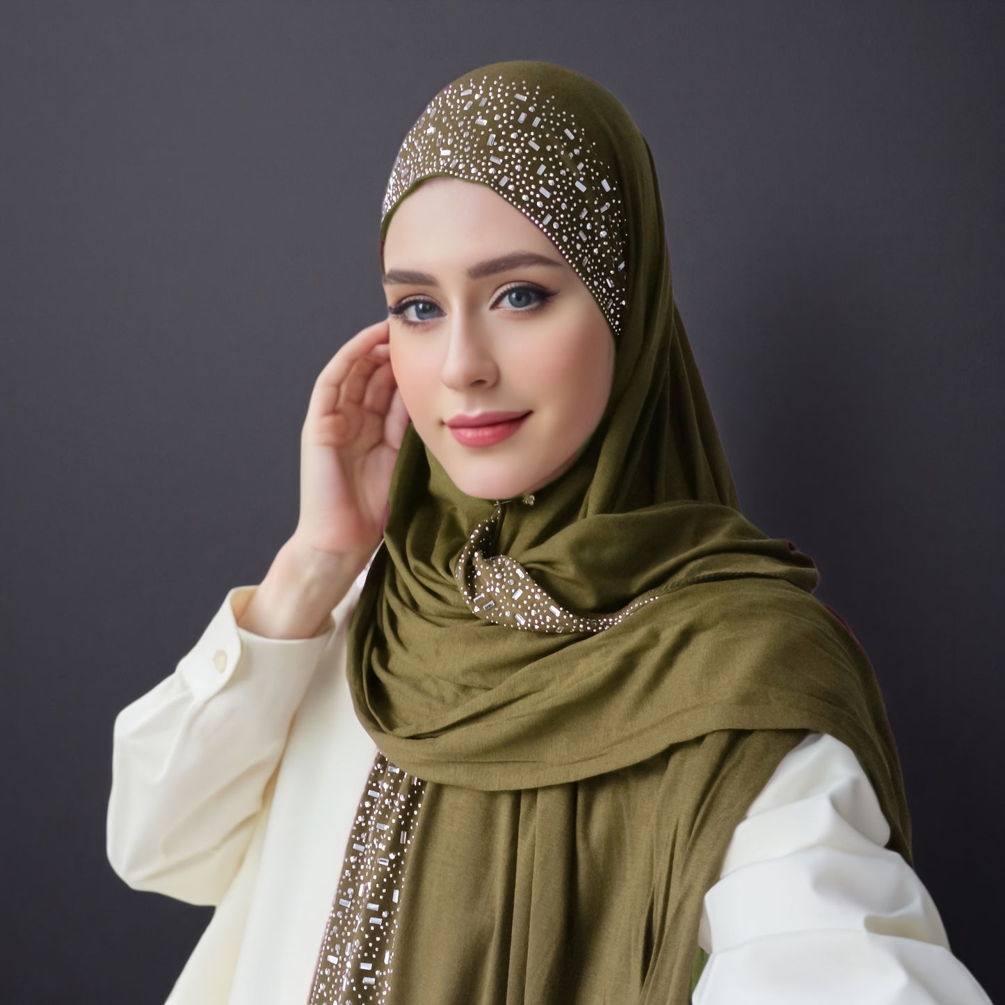Elegant Black Stretch Bamboo Jersey Hijab Scarf Shawl for Women | Elastic Soft Large Headscarf with Sparkling Rhinestone Trim, Hand Washable Muslim Woven Head Cover & Hair Accessory, Modest Fashion