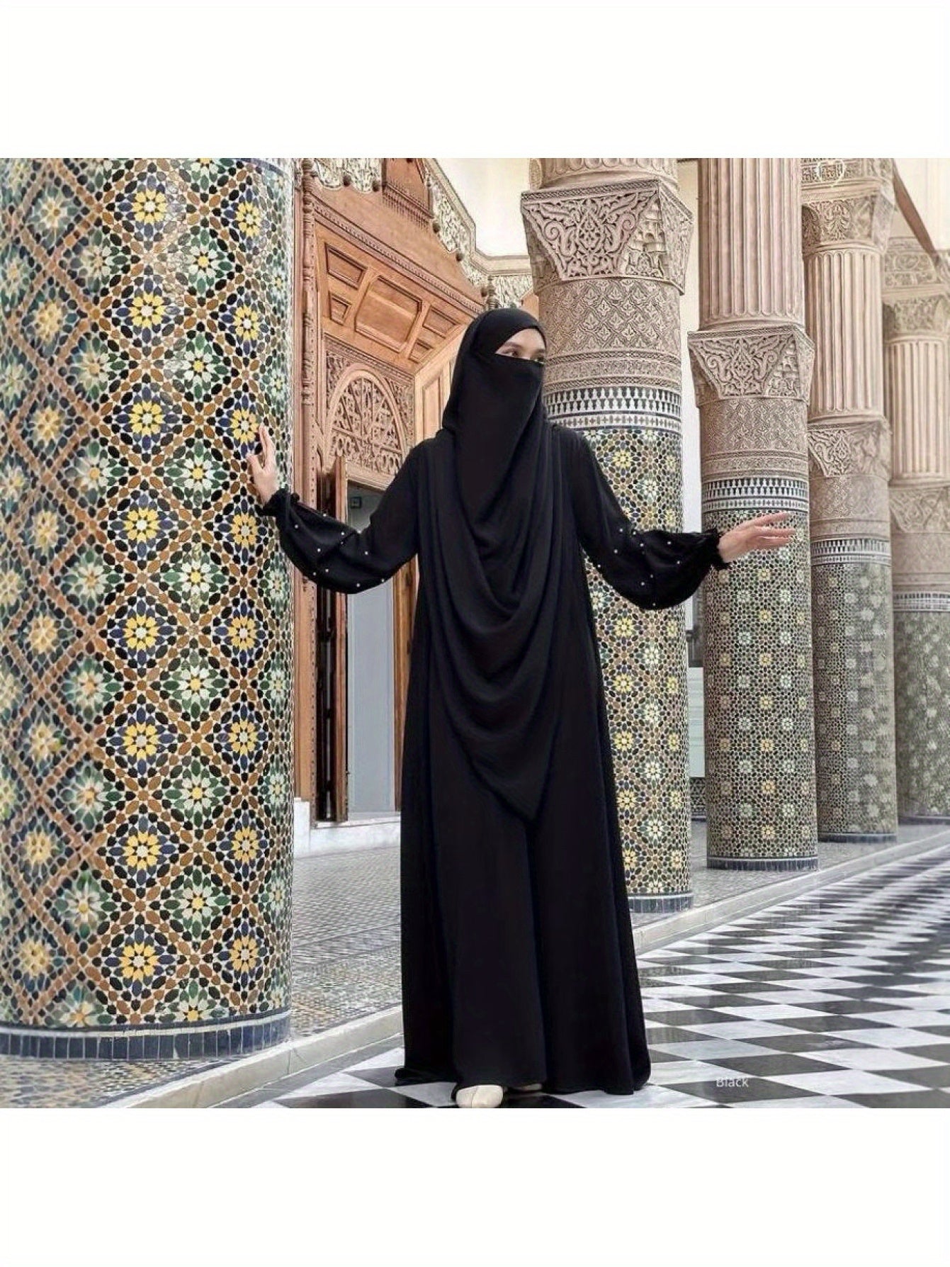 New Cross-Border Middle East Solid Color Women's Robe Pearl Sleeves Jilbaab Dress Abaya Two-Piece Set Long Headscarf P555