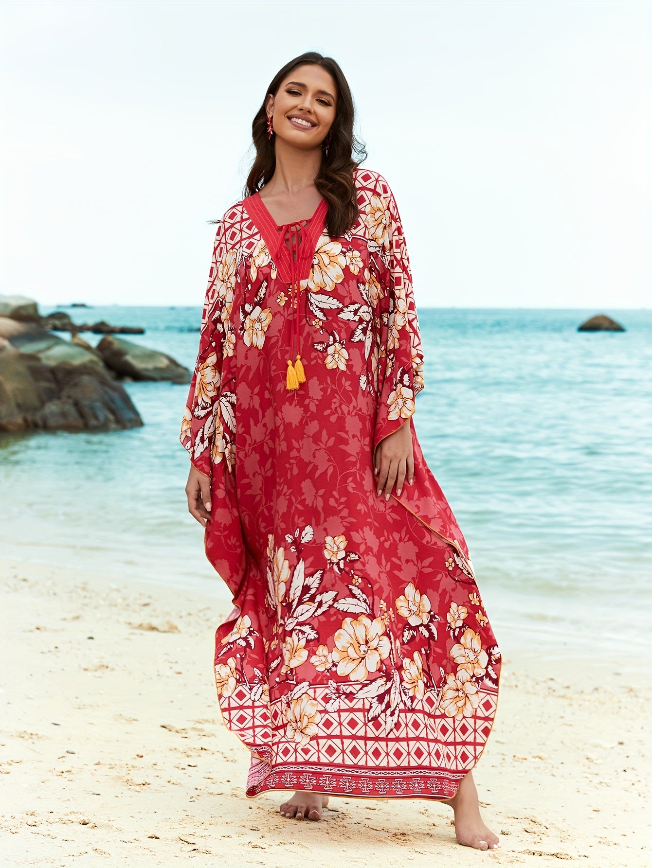 Women's Floral Print Beach Cover-Up Kaftan Dress Floral Pattern, V-Neck With Tie, Loose-Fitting Ethnic Style Casual Maxi Dress