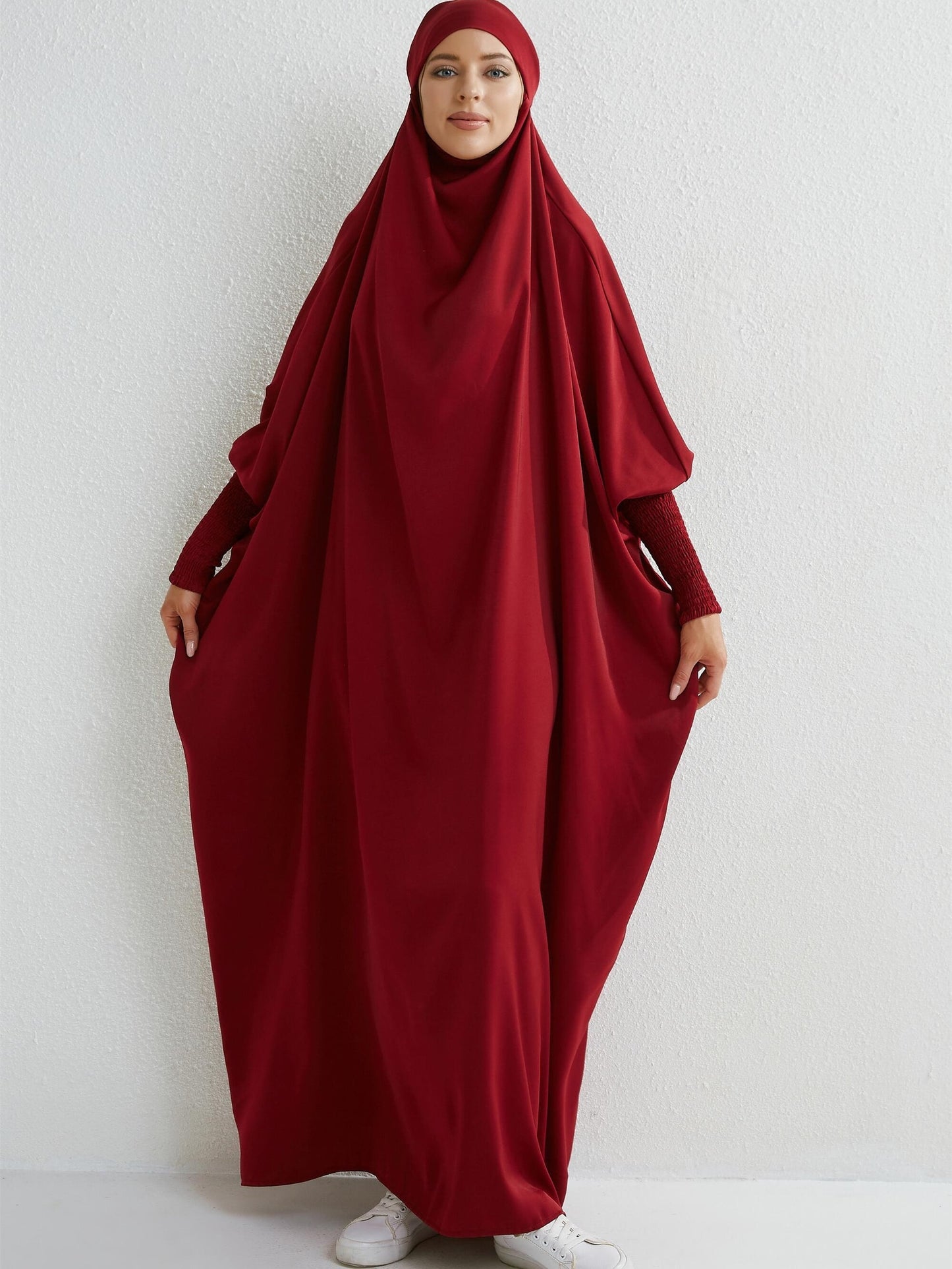 Women's Modest Jibab Abaya Dress with Hijab - Batwing Sleeves & Smocking Detail, Full-Length Prayer Robe, Islamic Clothing, Machine Washable Solid Color for Ramadan & Daily Wear, Allseason Robe, Hshaped Silhouette, Nontransparent F