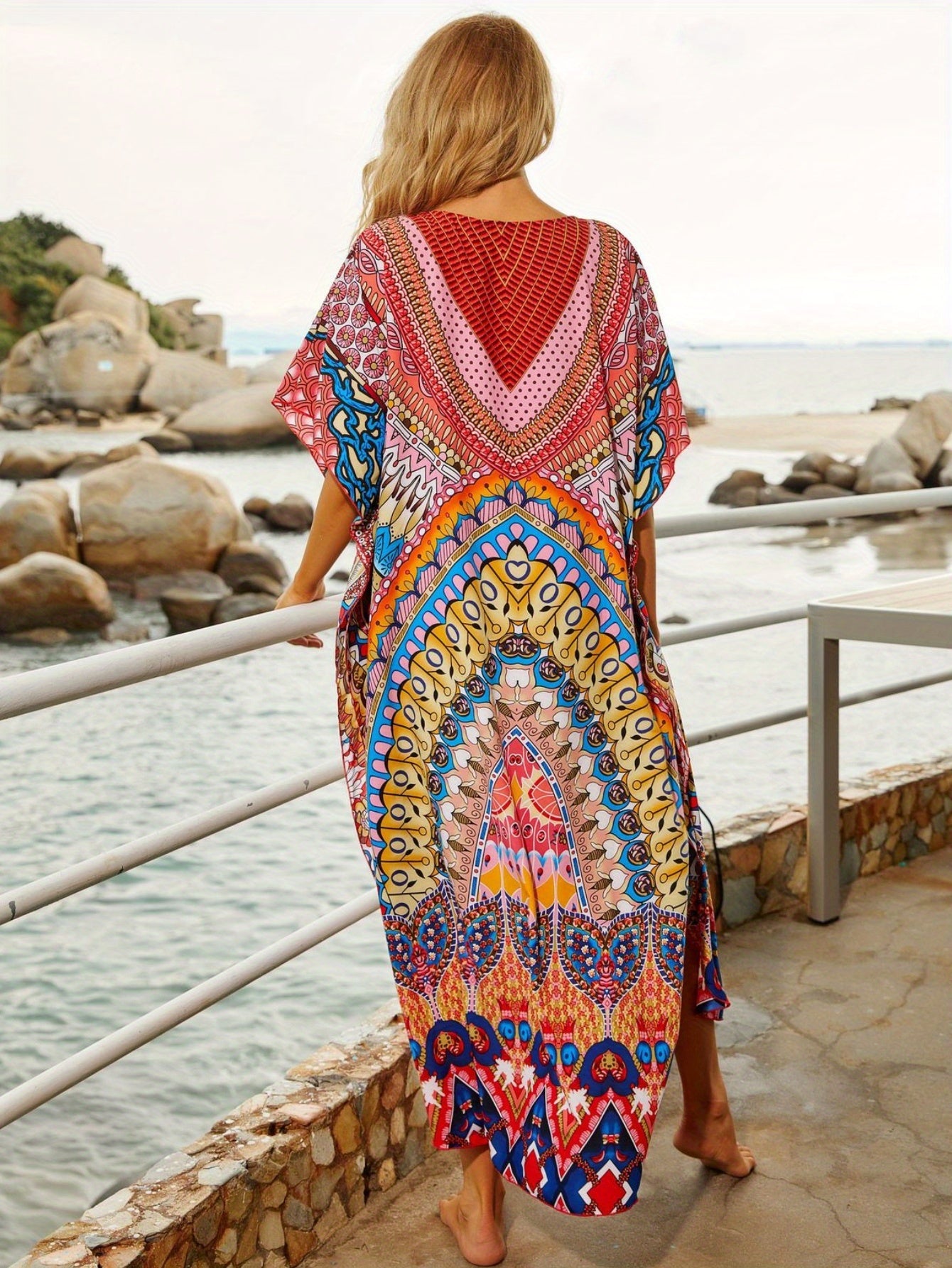 Plus Size, Plus Size Beach Cover Up Maxi Dress - Quick-Dry Sun Protective Swimsuit Kaftan with Side Slits, Lightweight Loose Fit Vacation Dress for Pool Party & Tropical Resort