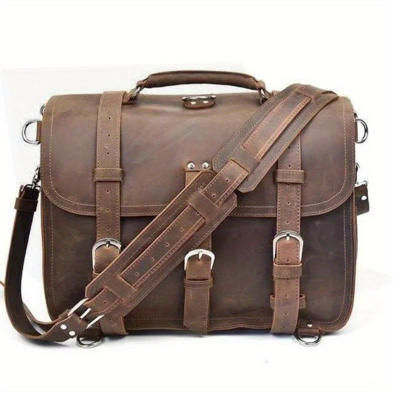 Large Capacity Vintage Crazy Horse Faux Leather Messenger Bag - Elegant Brown with Multiple Compartments, Fits 15" Laptop
