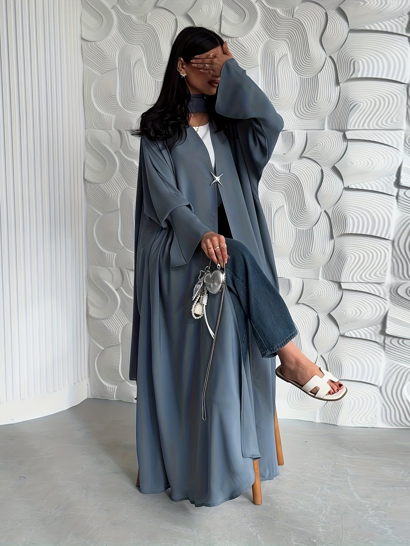 1pc Women's Muslim Fashion Drape Satin Open Cardigan, Casual Fine Fabric, Elegant Craftsmanship, Sophisticated Texture, Stylish and Generous Long Abaya Robe