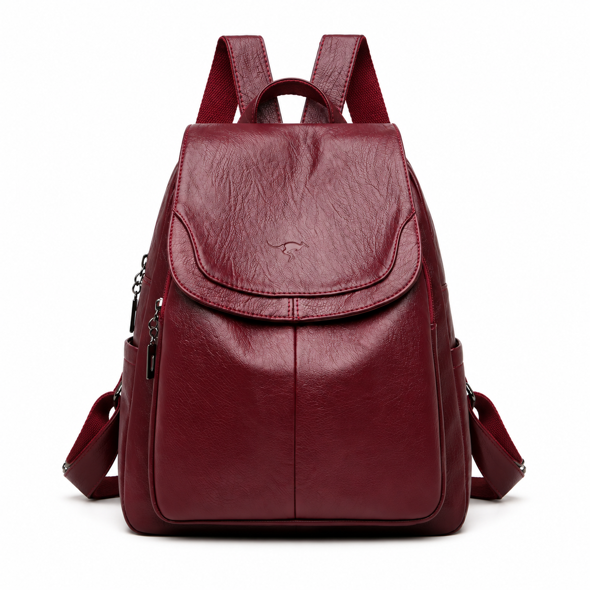 Burgundy Textured Flap Backpack With Pockets