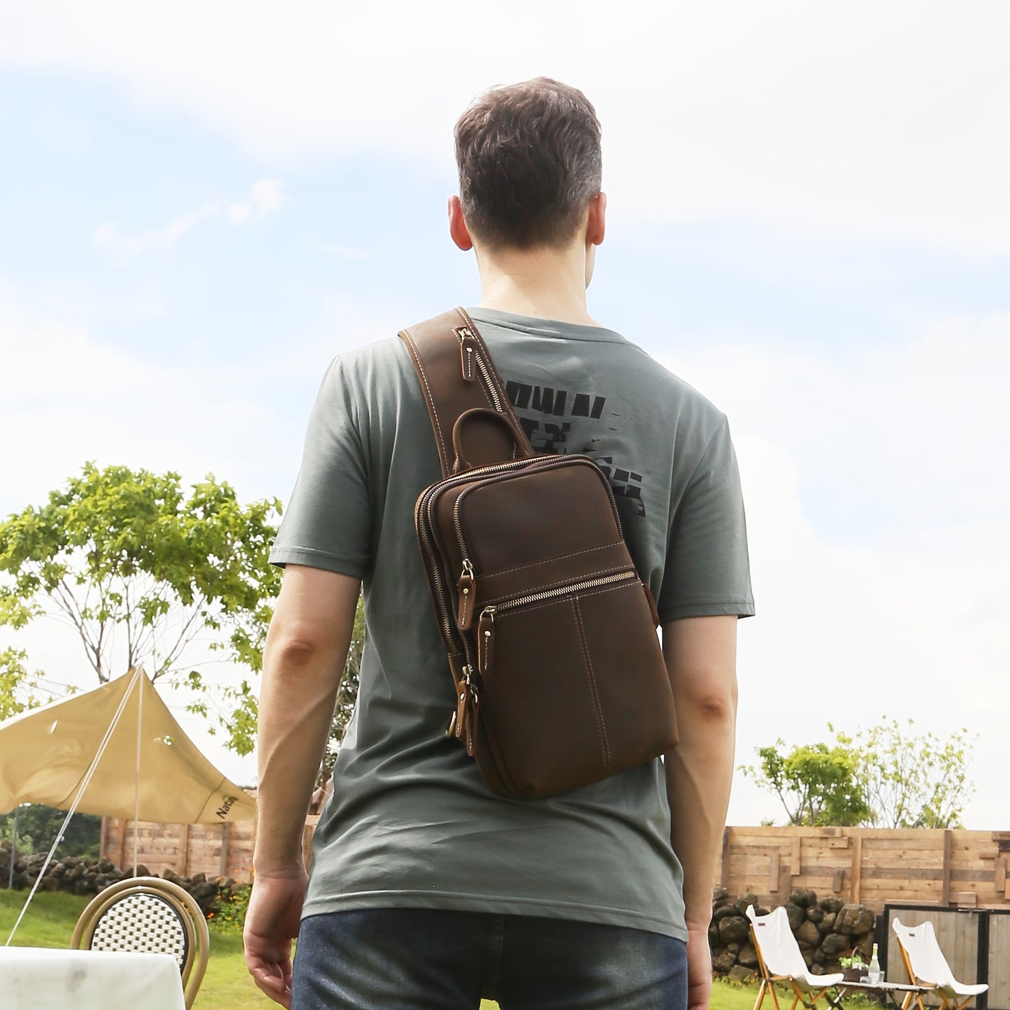 Vintage Full Grain Leather Sling Bag for Men, Crossbody Shoulder Chest Travel Hiking Daypacks Bag for 11 inch iPad, Brown