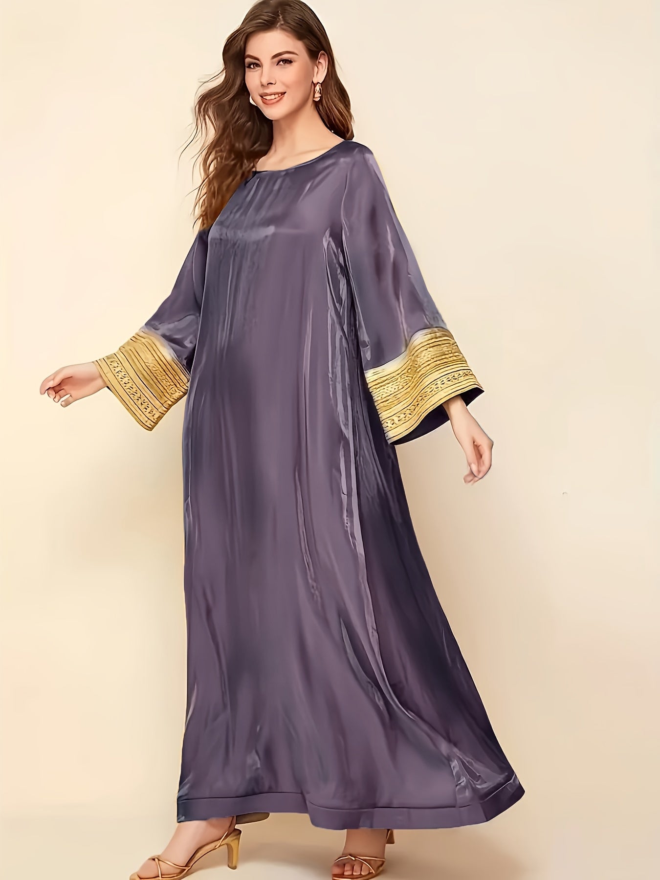 Elegant Long-Sleeve Baju Abaya | Golden Lace Accents, Reflective, Loose Fit, Round Neck, Perfect for Spring/Fall, Women's Fashion, Fall Fashion