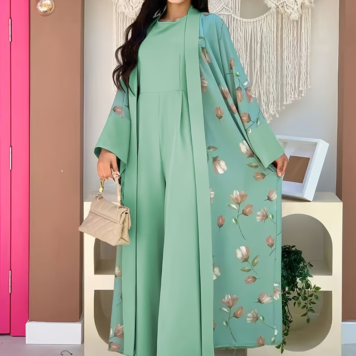 Middle Eastern Muslim Print Jumpsuit Two-Piece Set for Women Without Headscarf | Pakistani Abaya