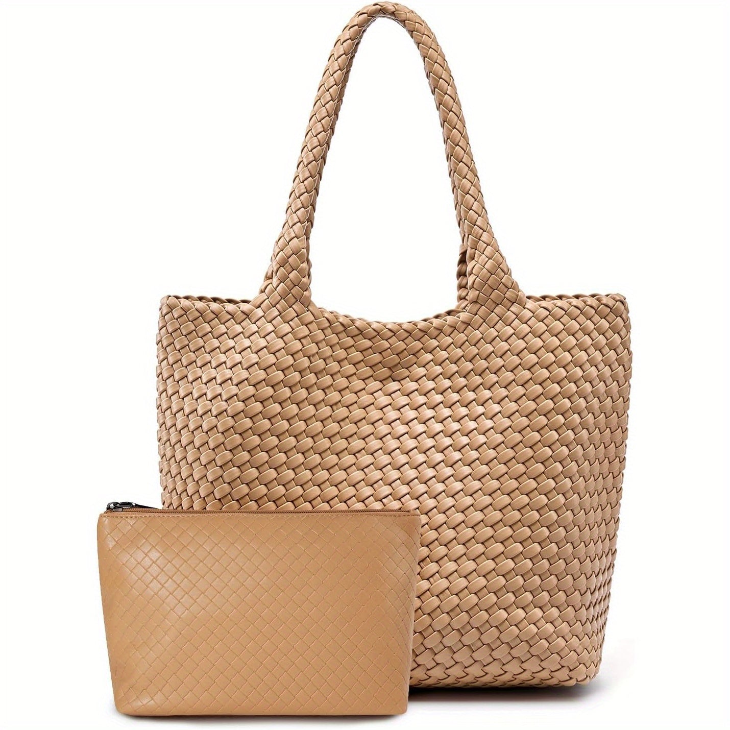 Women's Vegan Tote Bag - Large Woven Handbag with Zipper Closure & Wrist Strap, White & Brown Striped Design, Durable Oil-Edged Finish for Casual or Formal Use