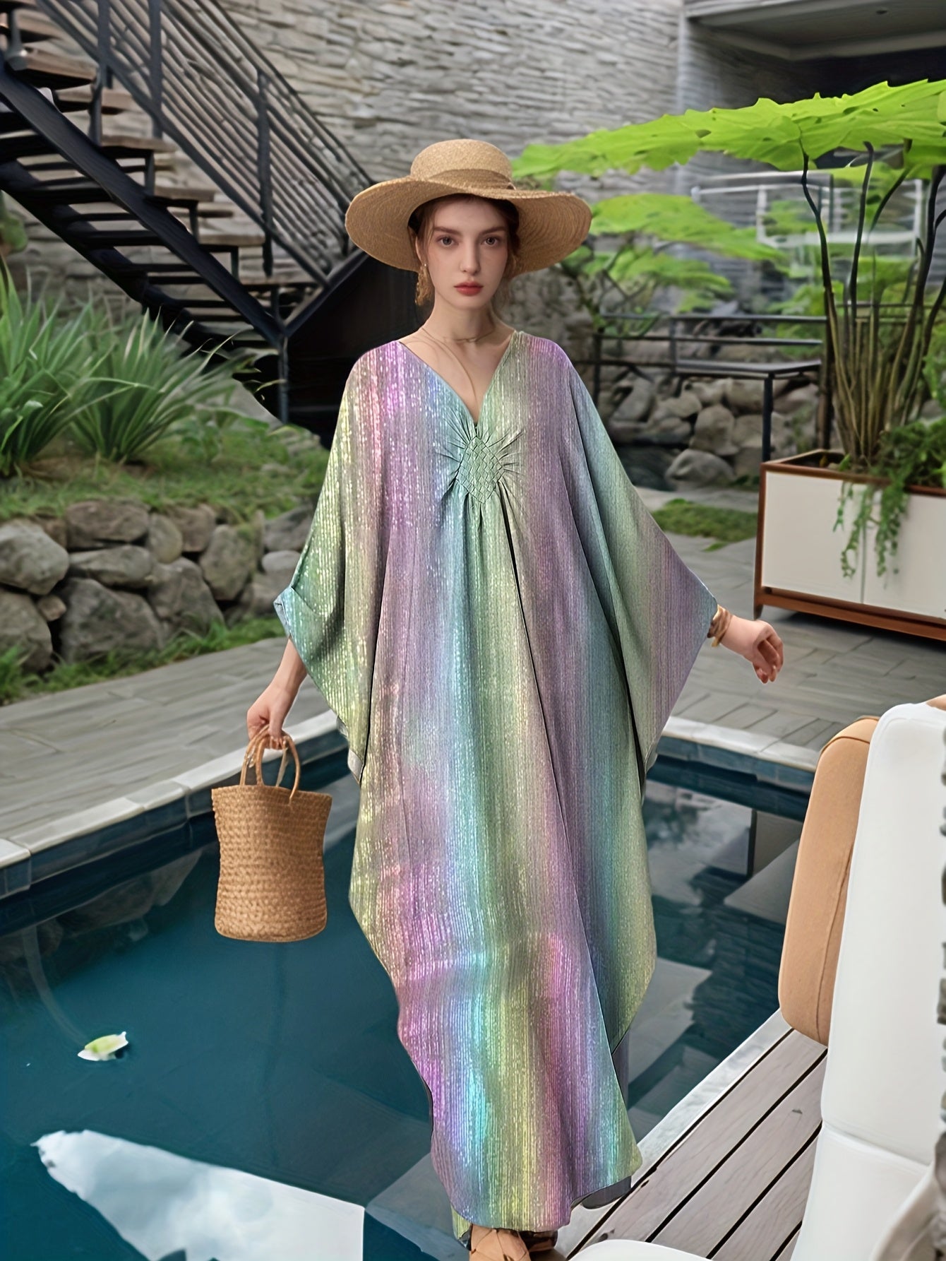 Kaftan Dresses For Women Sparkly Glitter Batwing Sleeve Kaftan Cover Up Beach Maxi Dress Loungewear