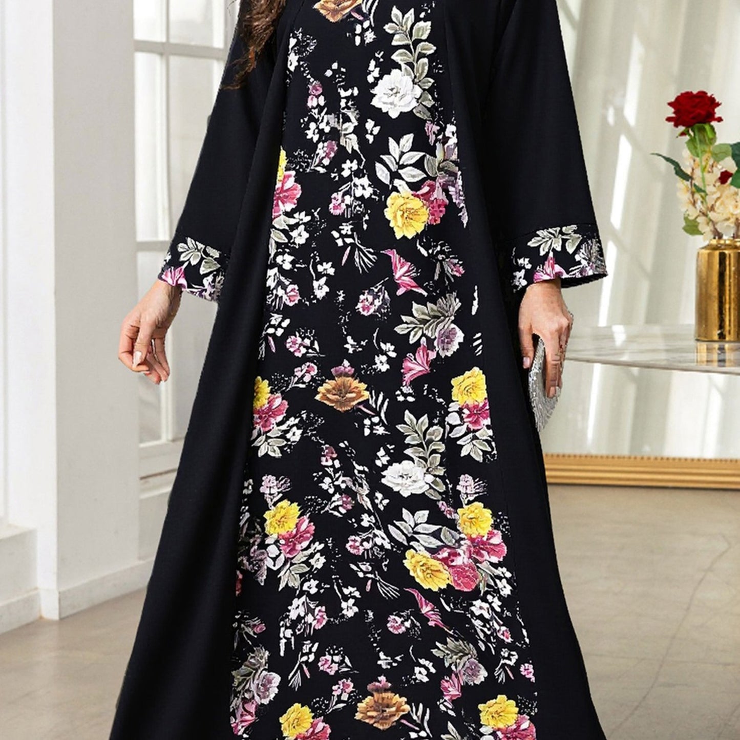 Women's Arabic Abaya Dress Patchwork Floral Print Kaftan Robe Long Sleeve Round Neck Loose Flowy Dress