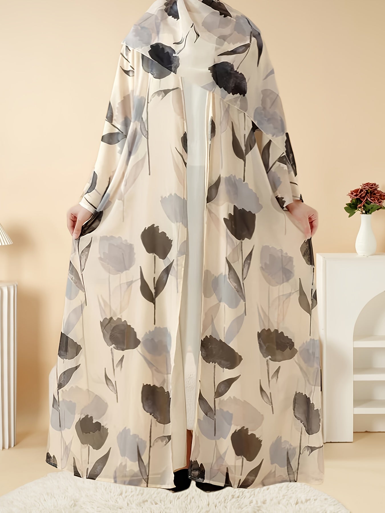 Elegant Floral Print Abaya Set - Lightweight, Open Front Long Robe with Matching Garment, Polyester, Non-Stretch Fabric, Perfect for Summer, Middle Eastern Fashion